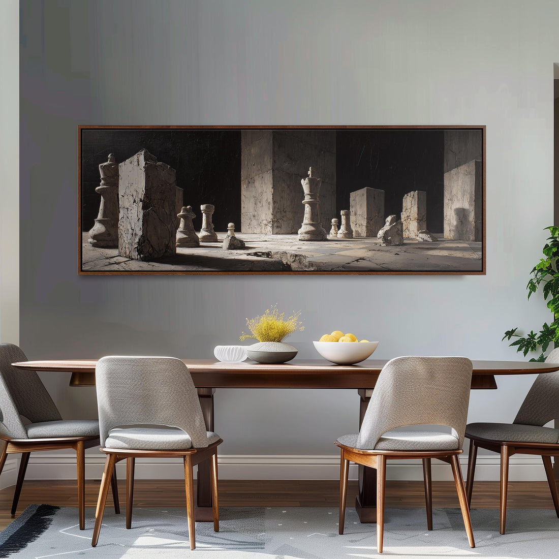 a black and white checkered sofa with a brown throw pillow, set against a dark wall with a large framed painting of chess pieces above it.