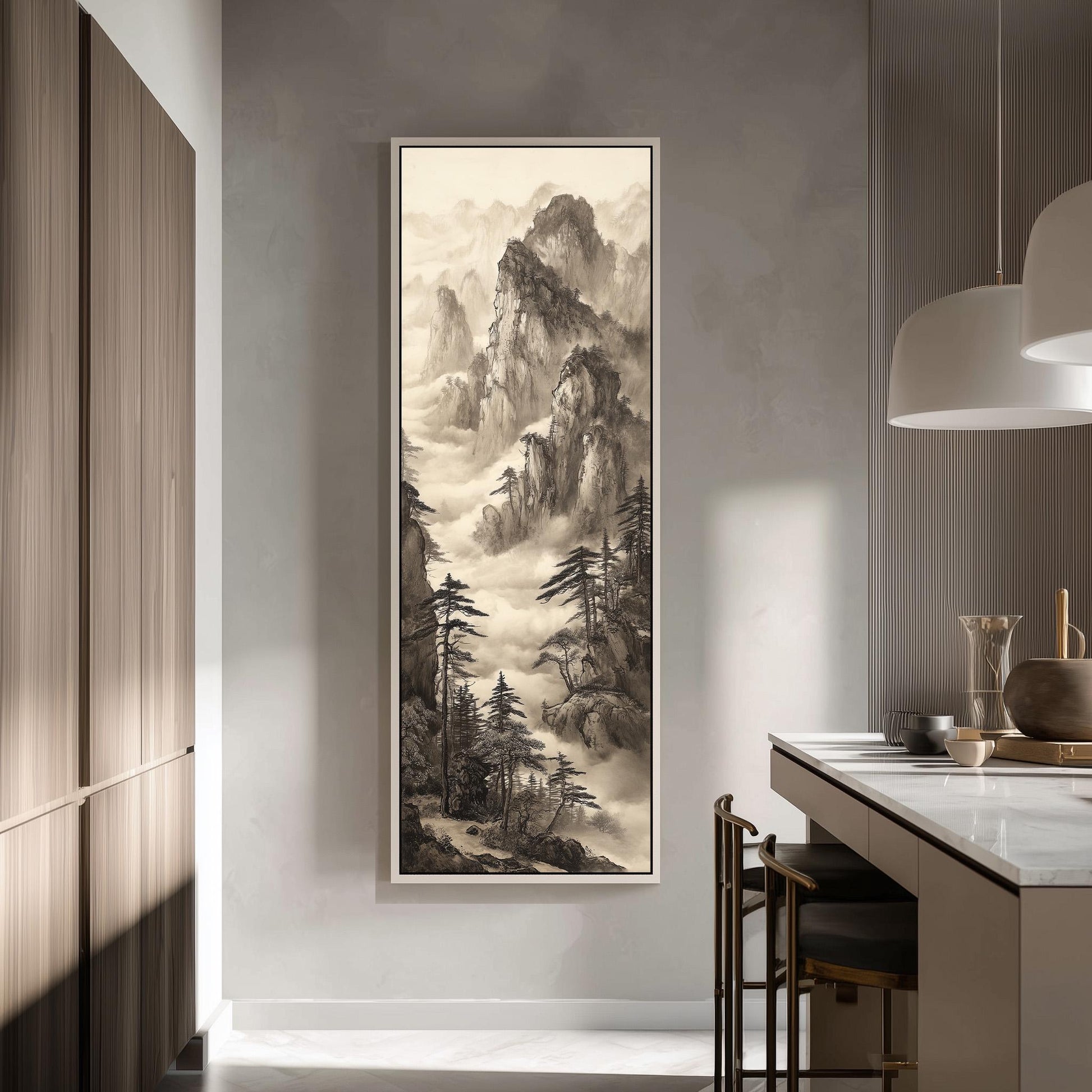 a large framed landscape painting hanging on a wall in a modern kitchen.