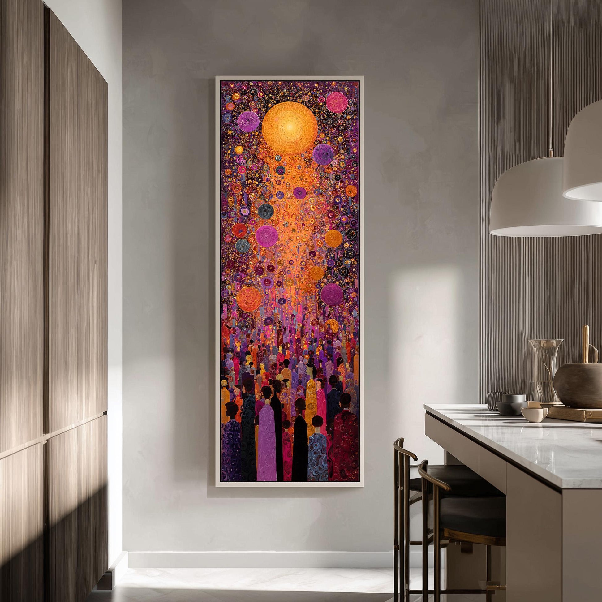 a large, colorful painting hanging on a wall in a modern kitchen.