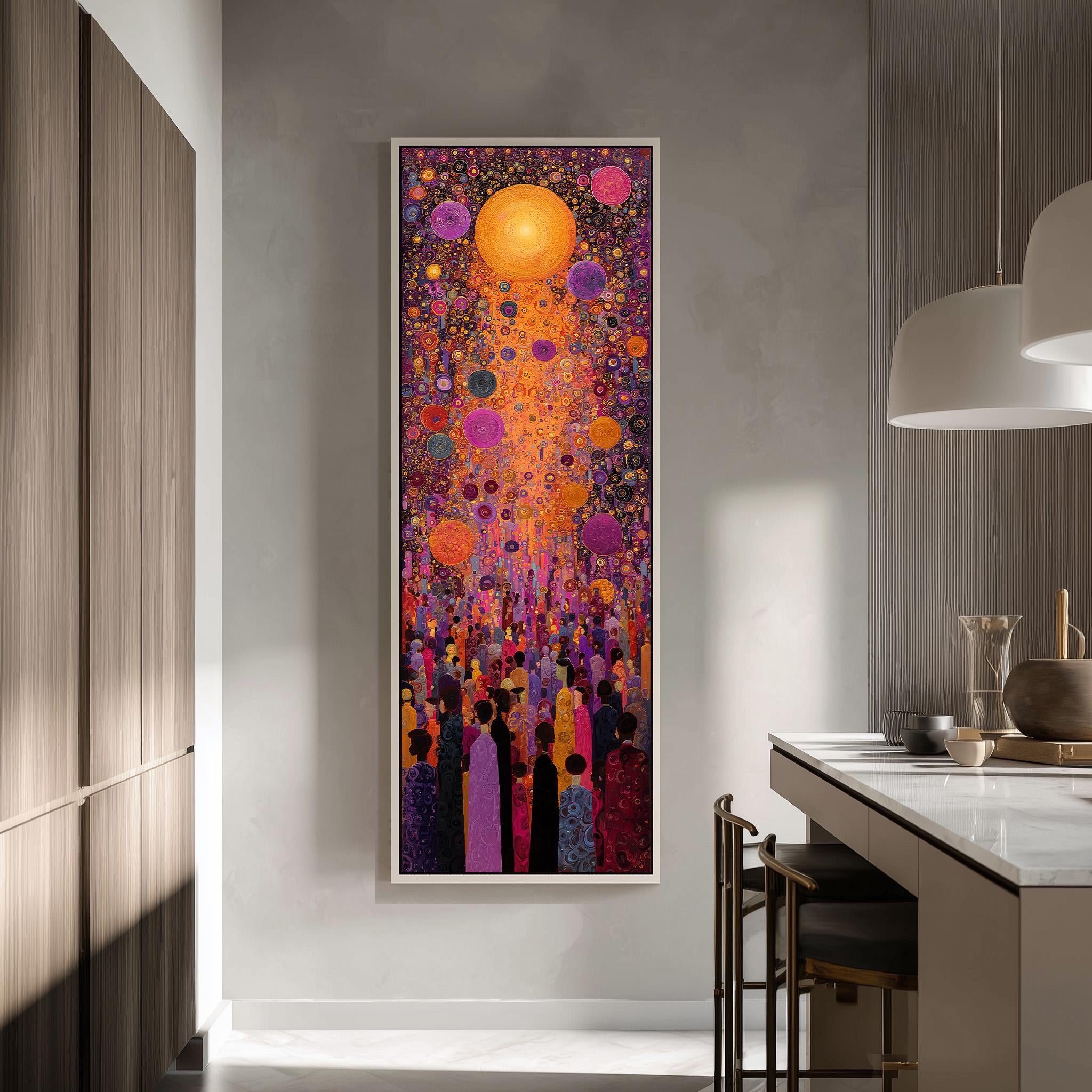 a large, colorful painting hanging on a wall in a modern kitchen.