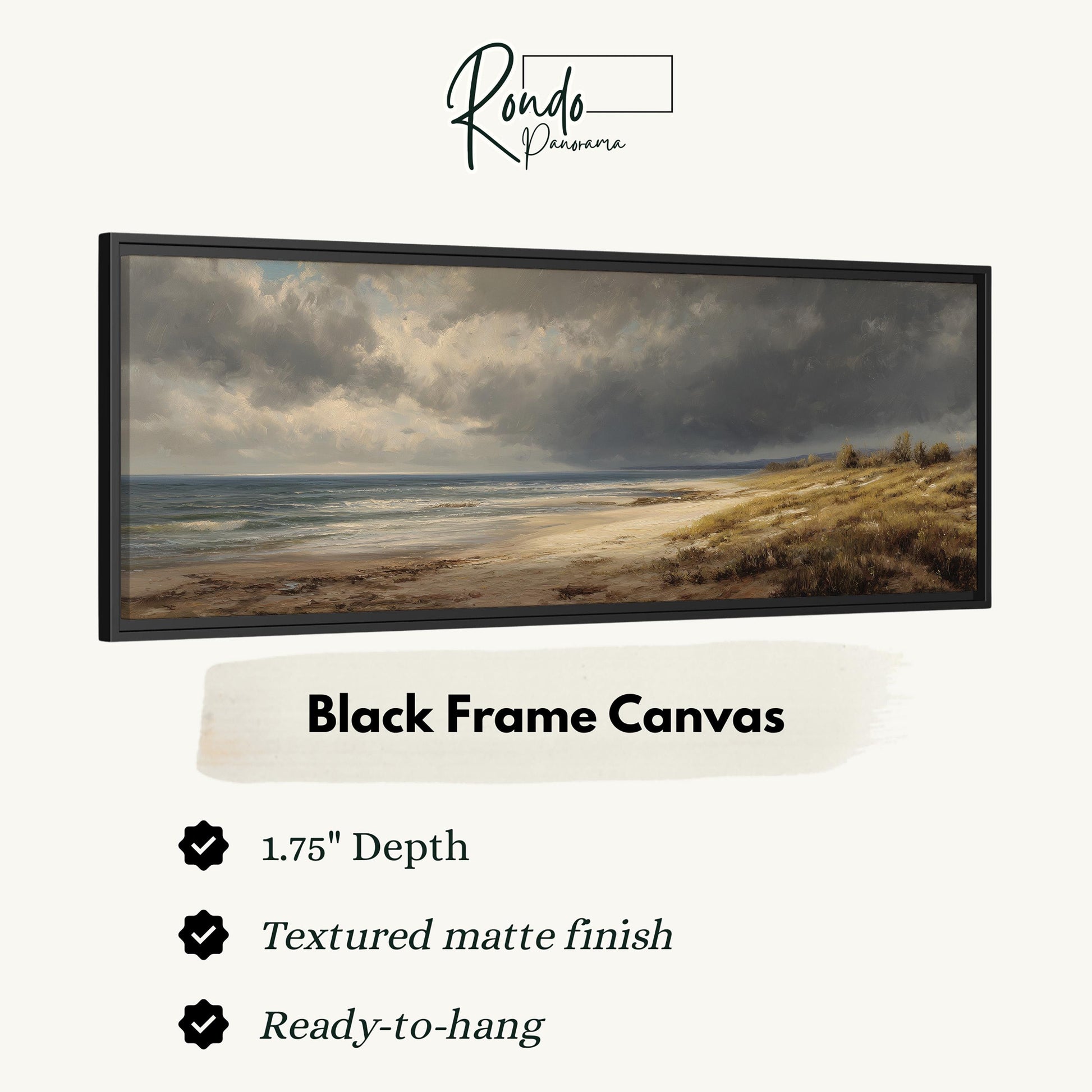 The image is a black frame canvas depicting a serene landscape with a beach and ocean.