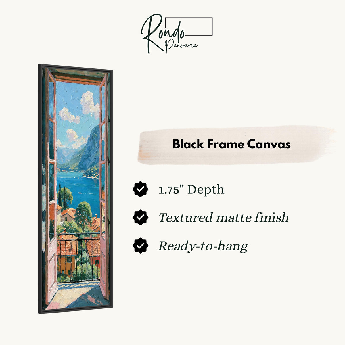 Italian lake view from an open balcony door canvas print in a black floating frame