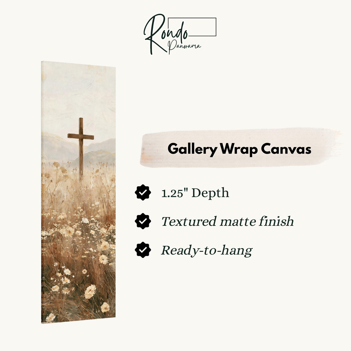 Wooden cross in a daisy field gallery wrap canvas with the image wrapped around the edges