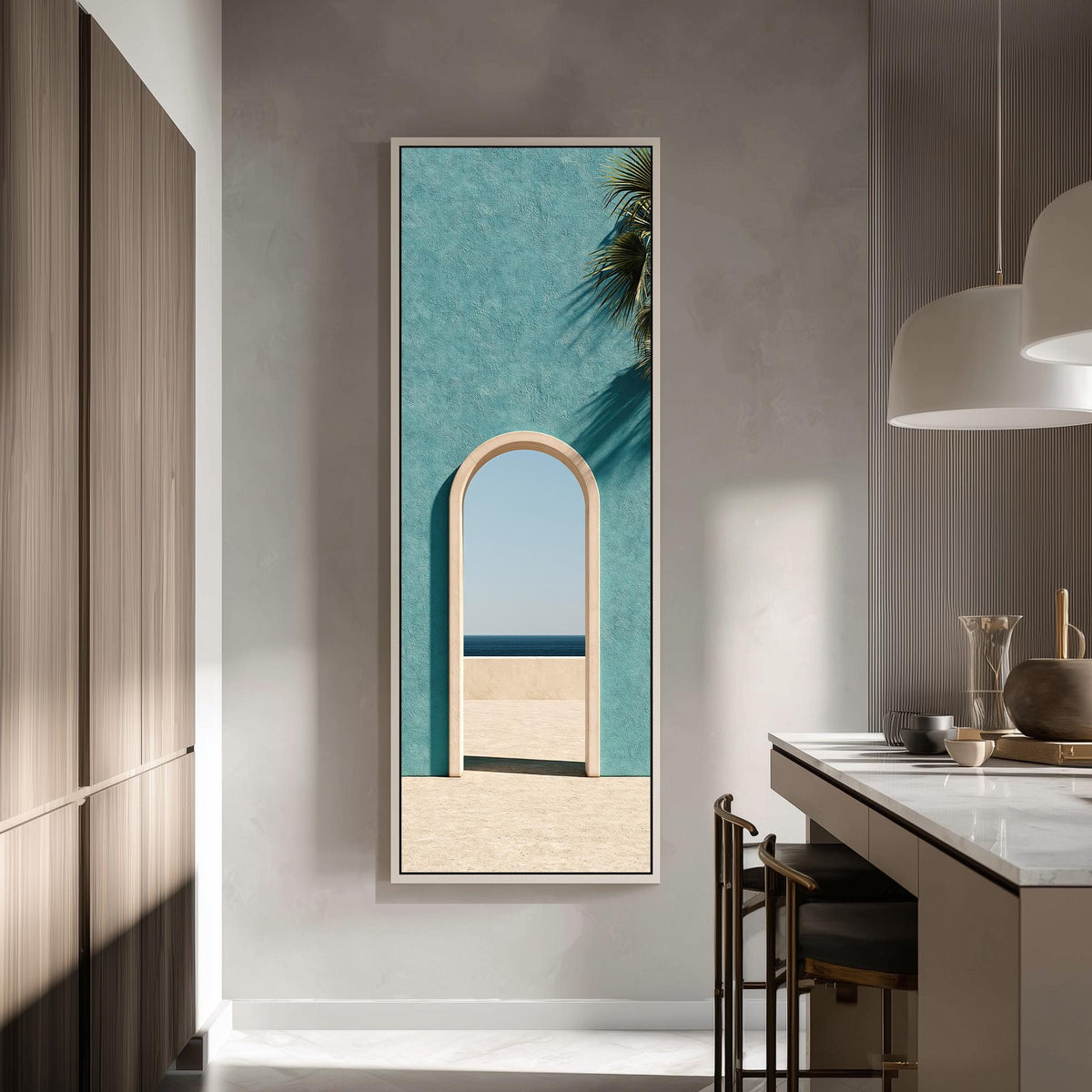 Arched doorway in a teal wall opening to the sea tall skinny canvas print in a modern kitchen