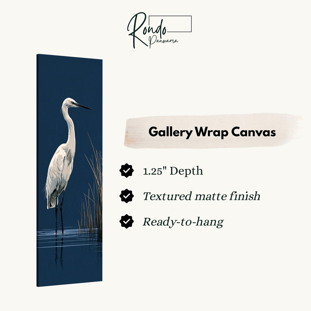 White egret wading on navy gallery wrap canvas with the image wrapped around the edges