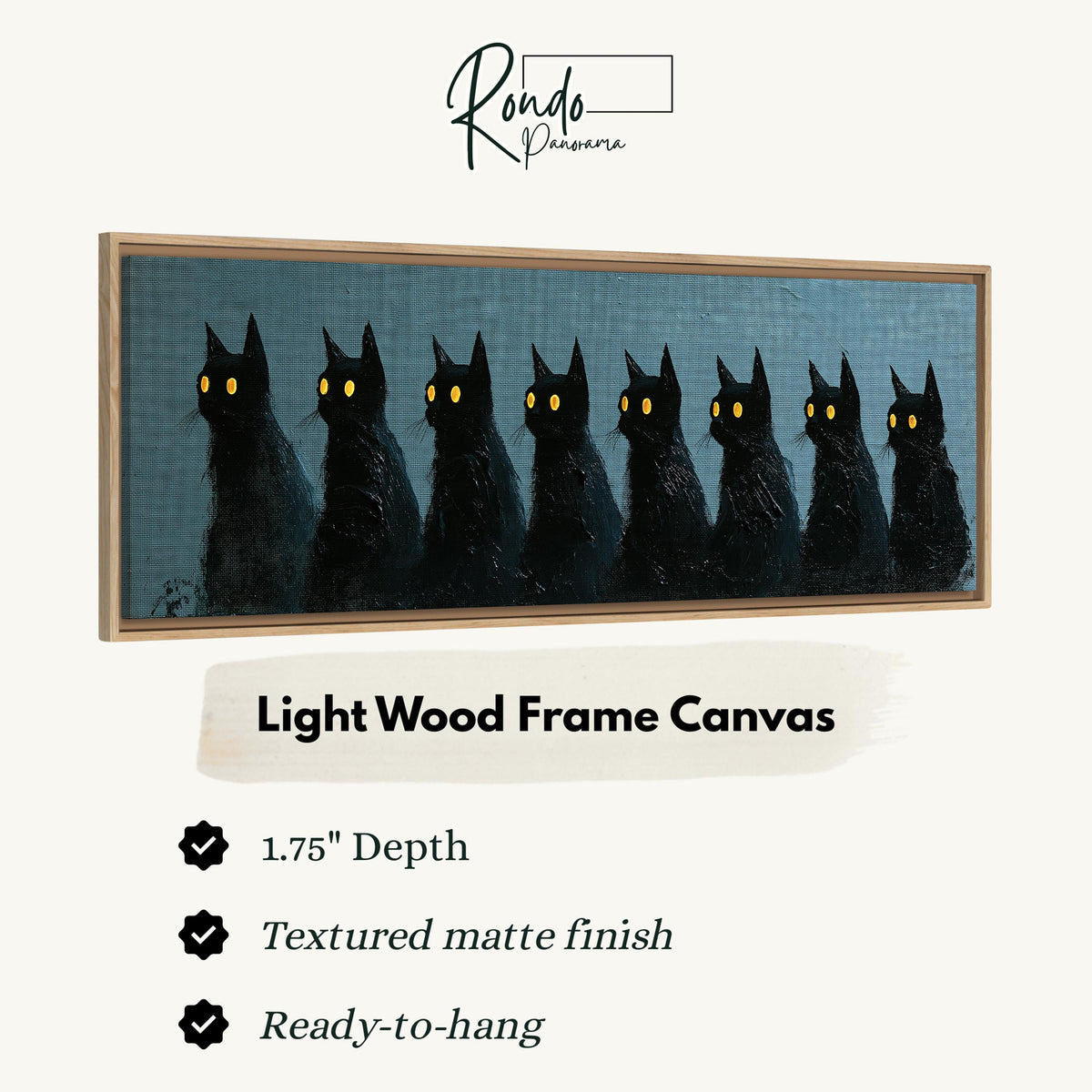 Row of black cats with glowing eyes canvas print in a light wood floating frame