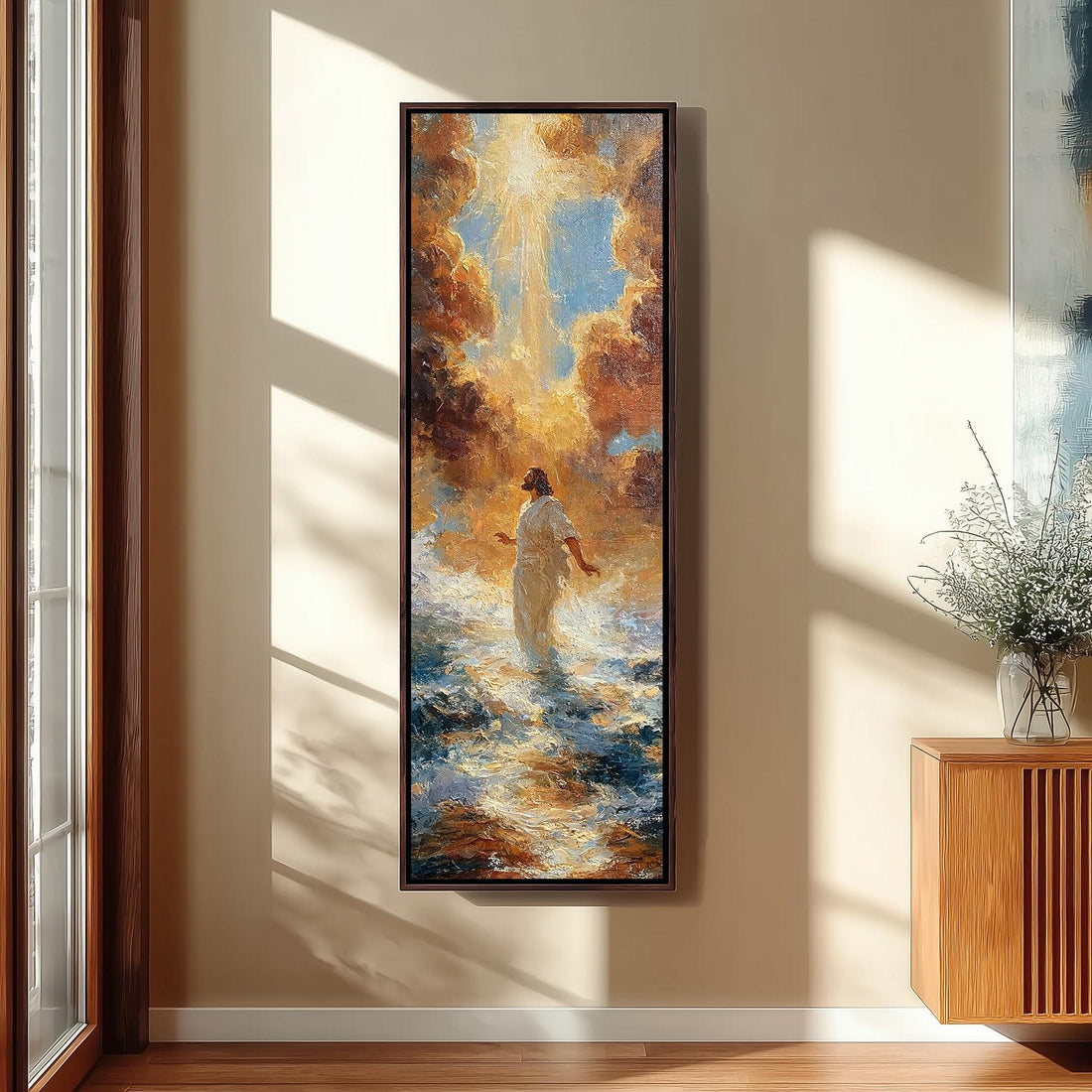 Jesus walking on stormy water in golden light long vertical canvas print in a sunlit living space