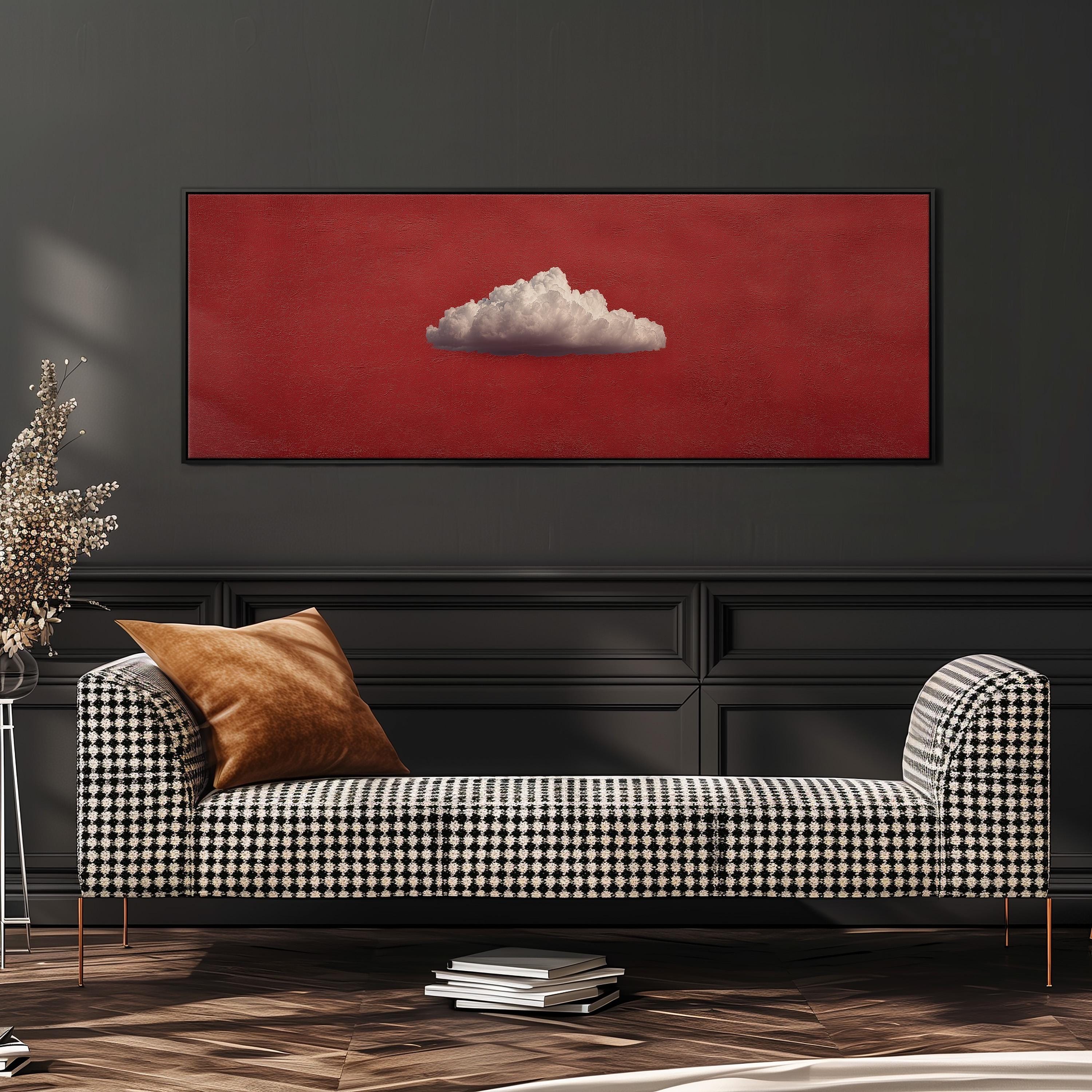 a black and white checkered sofa with a brown throw pillow, set against a dark wall with a framed artwork of a cloud on it.