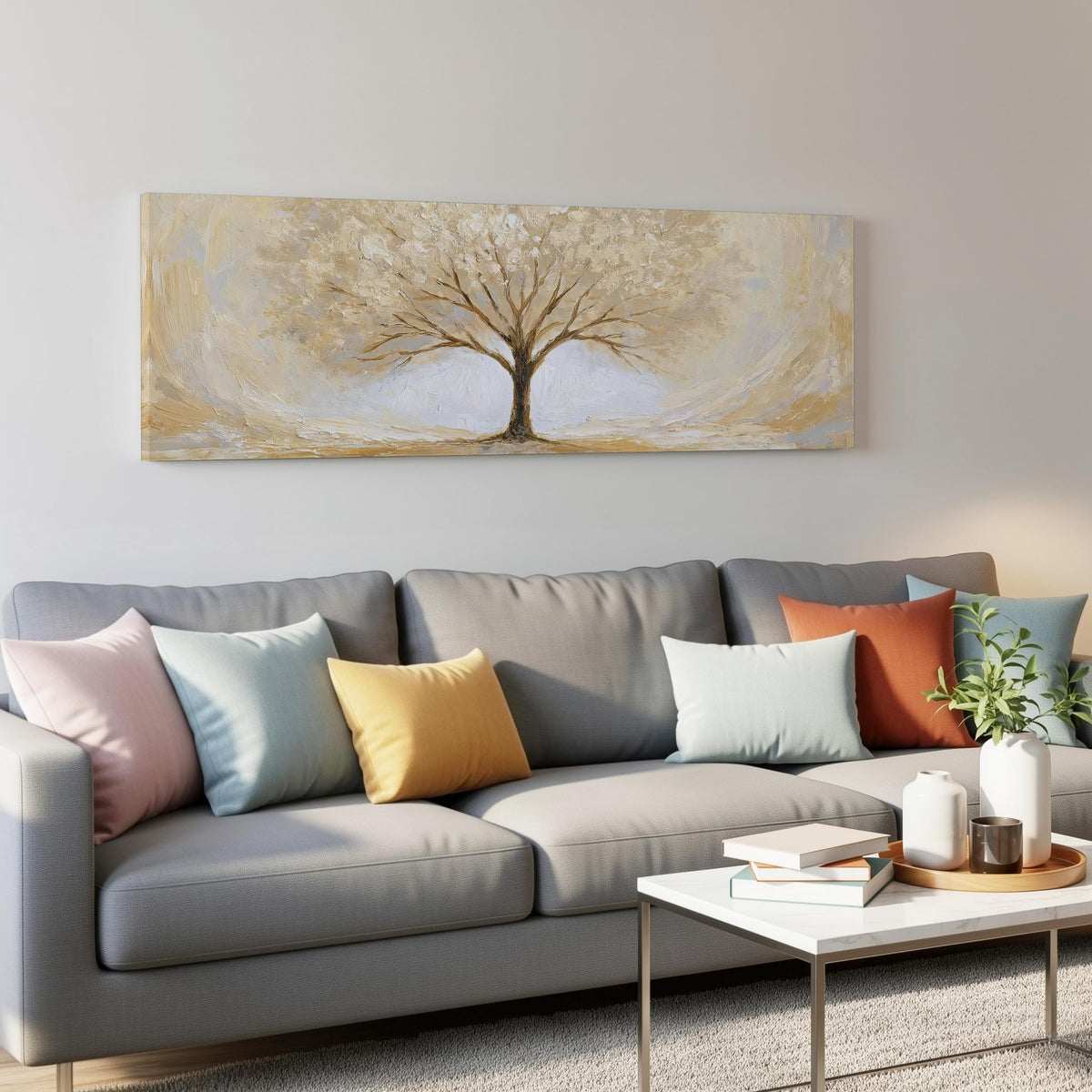 Golden winter tree panoramic canvas print above a grey sofa in a living room