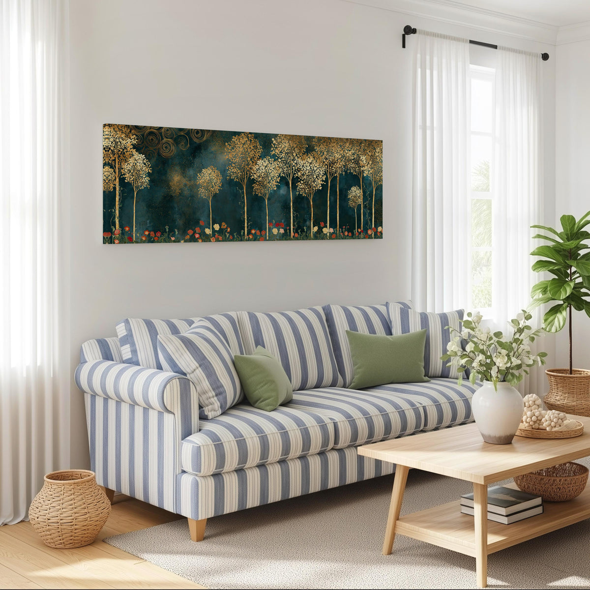 Gold leaf trees above red poppies on teal long horizontal canvas print above a striped sofa in a coastal living room