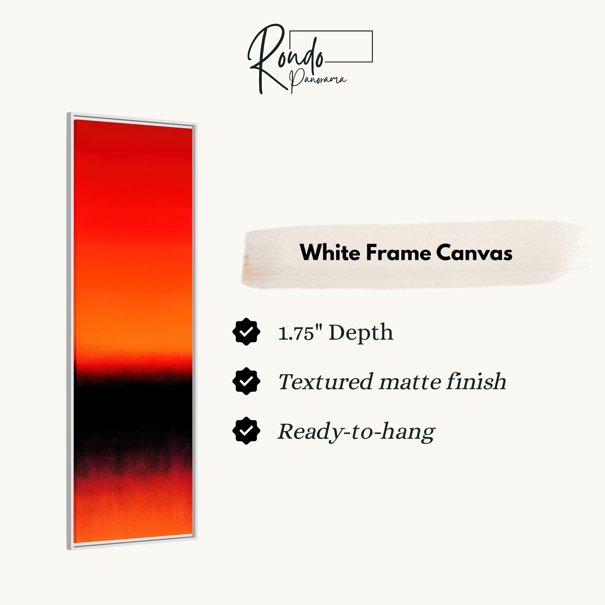 The image is a product description for a white frame canvas. It features a vertical red stripe and provides details about the product, including its dimensions, finish, and hanging capabilities.