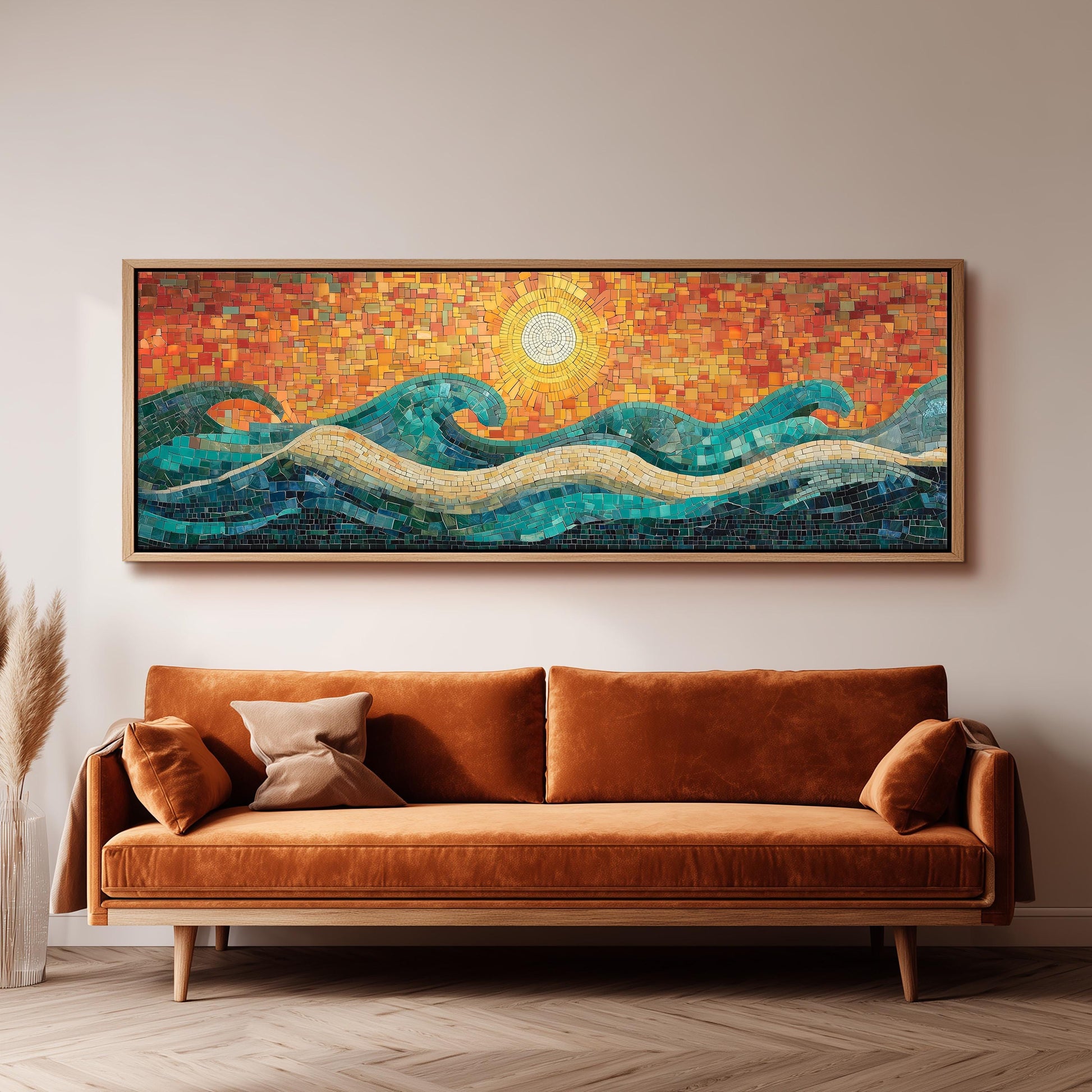 a large, colorful mosaic artwork depicting a seascape with waves and a sun in the background, hanging on a wall above a brown sofa.