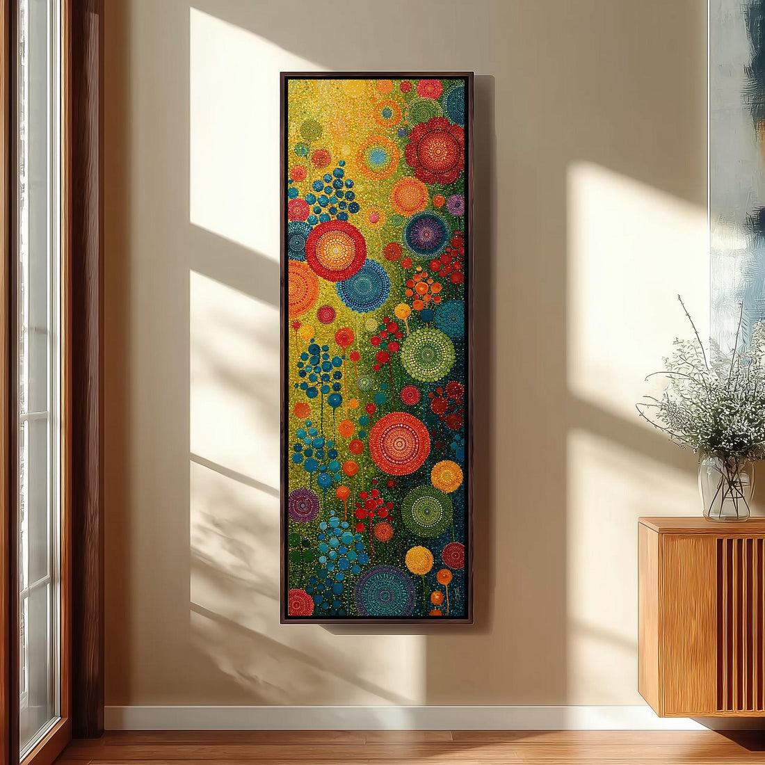 Dot mandala florals long vertical canvas print in a sunlit living space