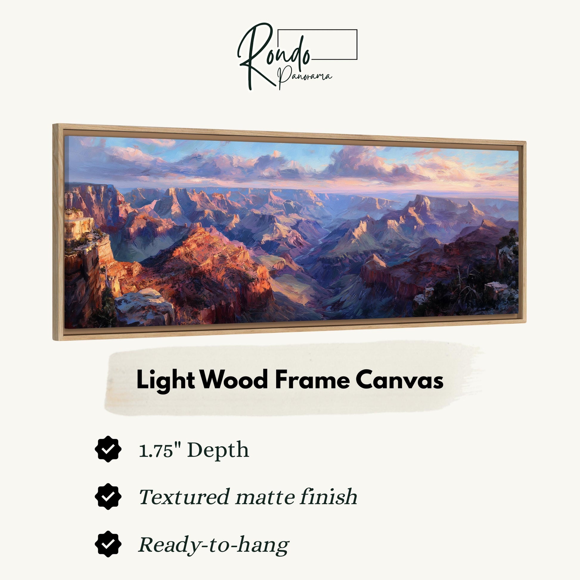 The image is a framed canvas depicting a scenic landscape with mountains and a sunset sky.