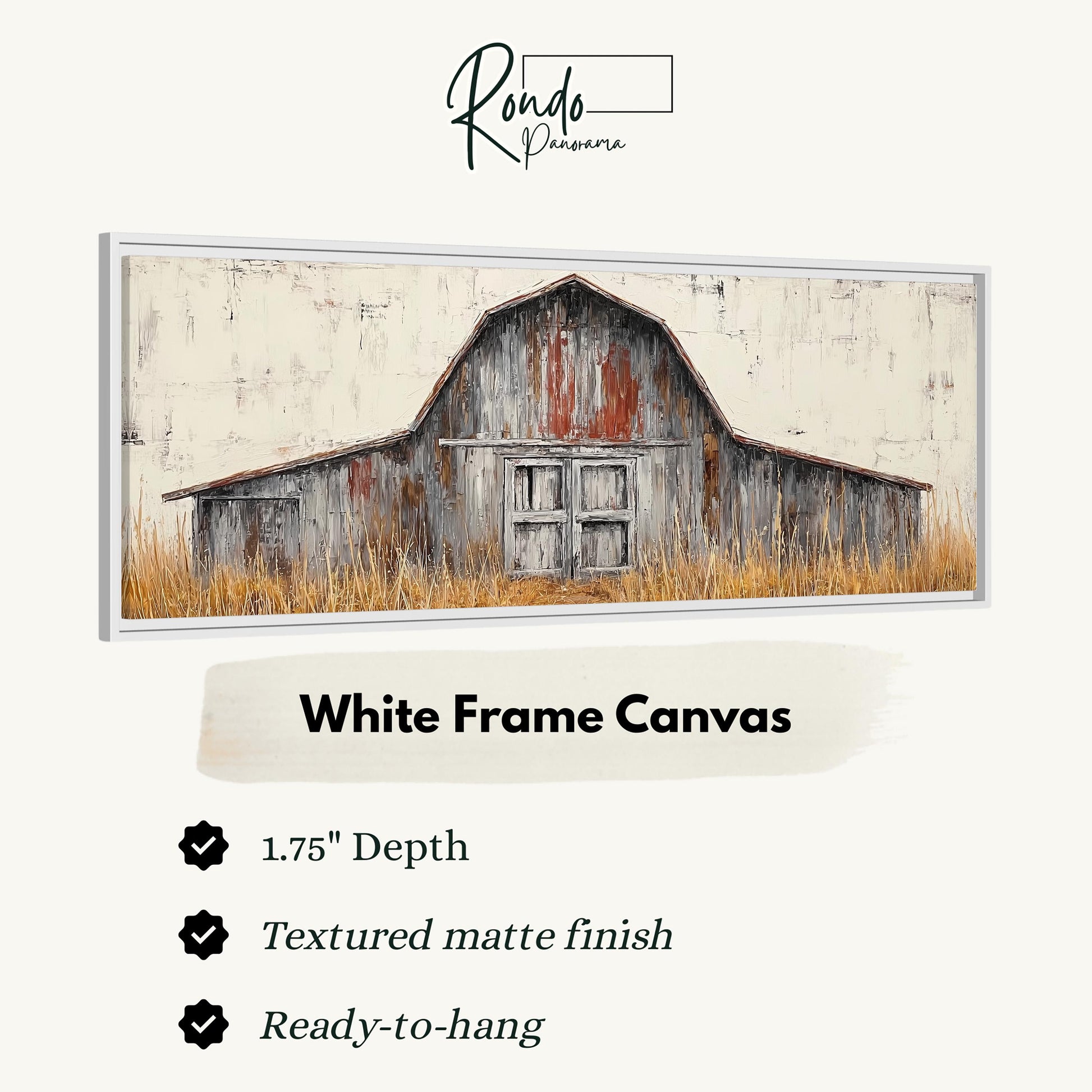 The image is a white frame canvas depicting a rustic barn with a weathered wooden structure and a field of tall grass in the background.