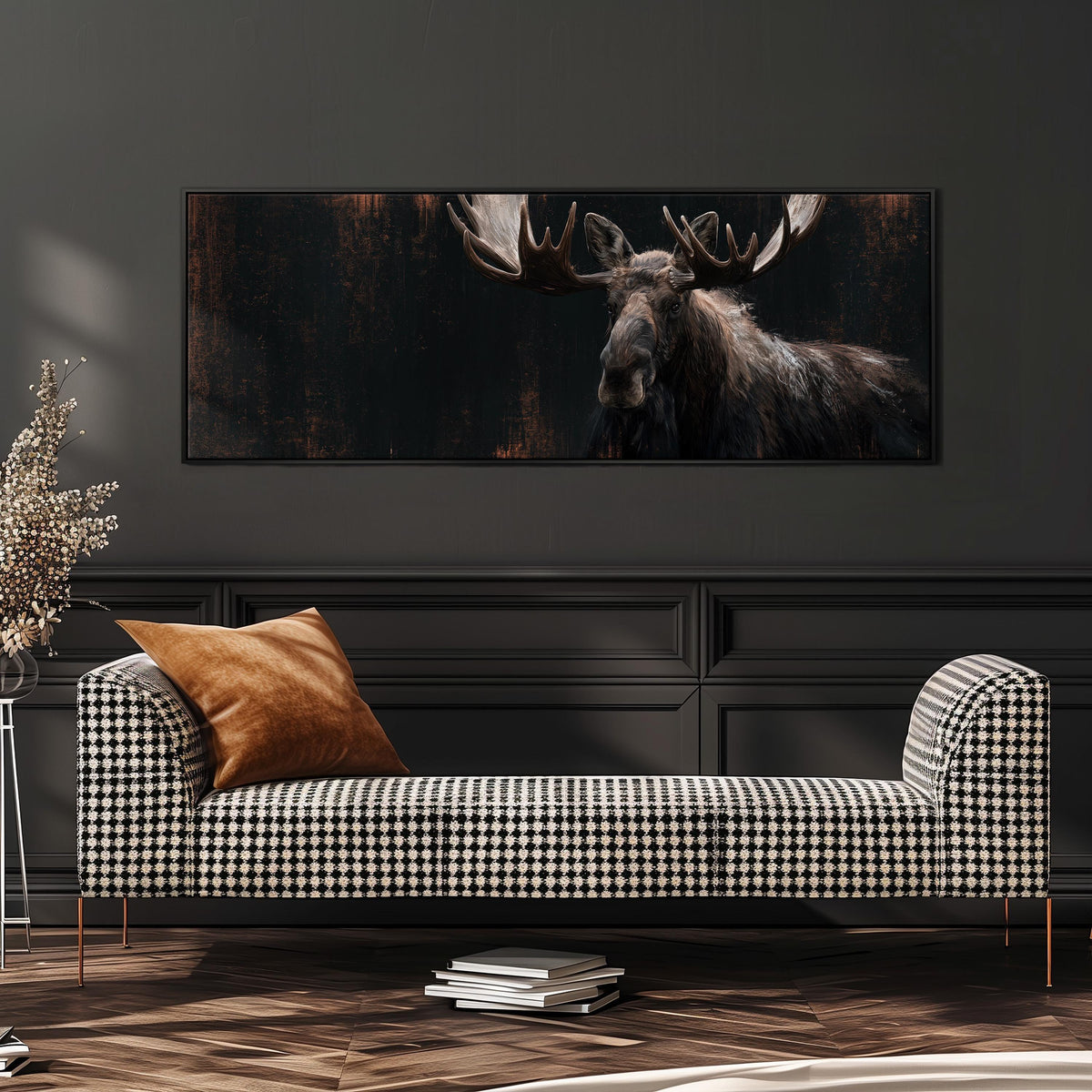 Dark moose portrait wide panoramic canvas print above a bench in a dark living room