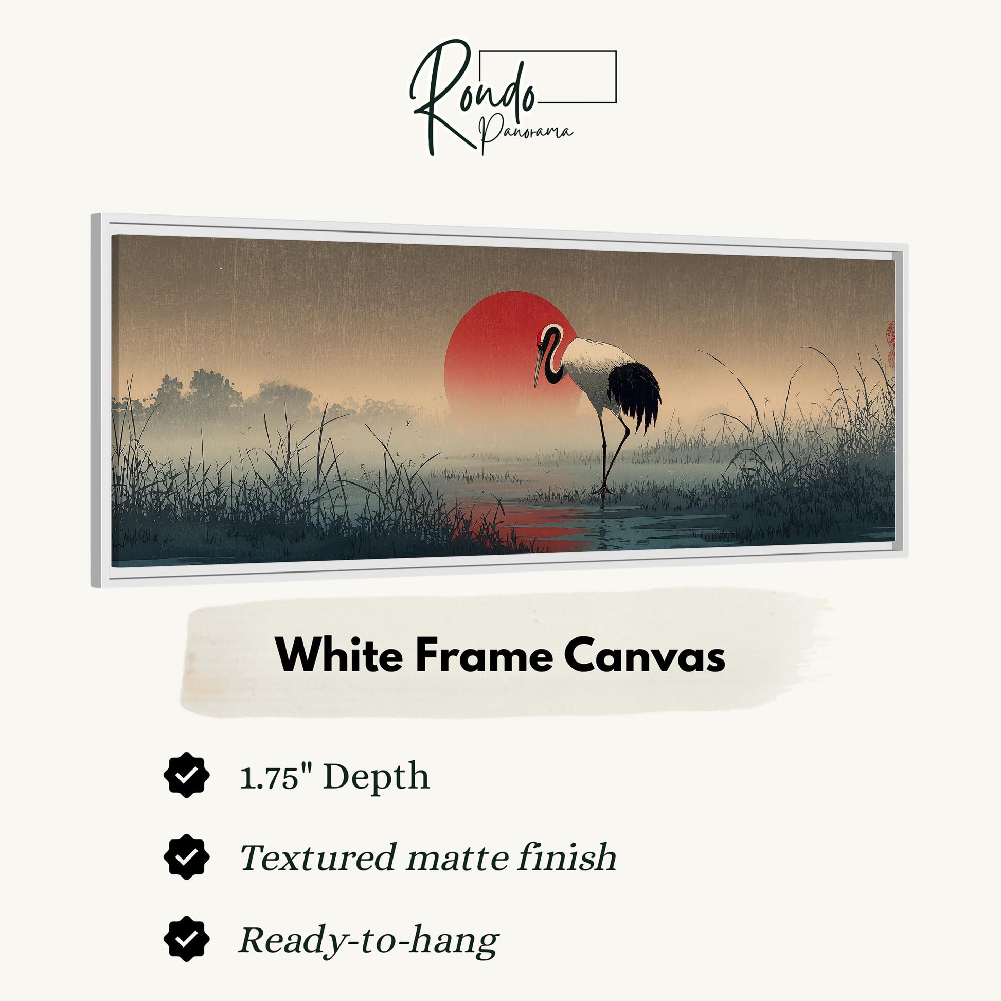 A white frame canvas depicting a crane standing in a misty landscape with a red sun in the background.