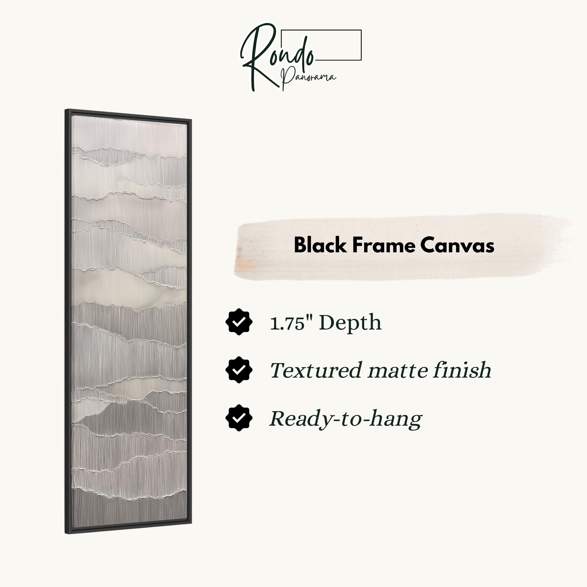 The image is a product description for a black frame canvas. It features a black frame canvas with a textured matte finish and a 1.75" depth. The canvas is ready to hang.
