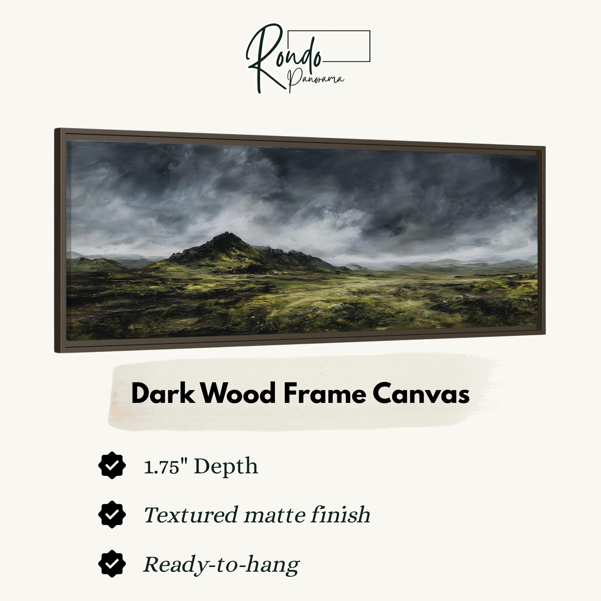 The image is a dark wood frame canvas depicting a landscape with a mountain and a cloudy sky.