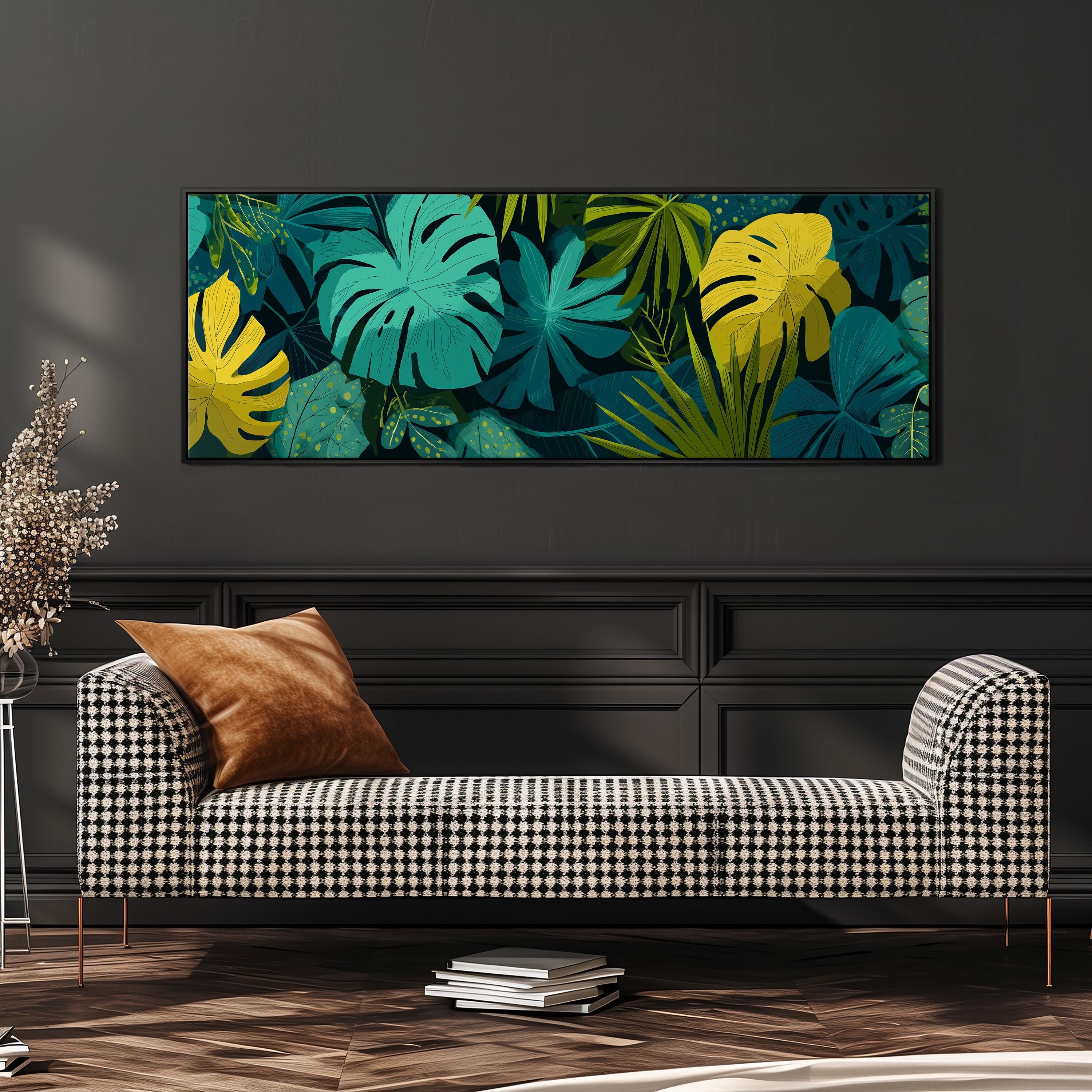a large, colorful painting of tropical plants hanging on a wall above a black and white checkered sofa in a living room setting.