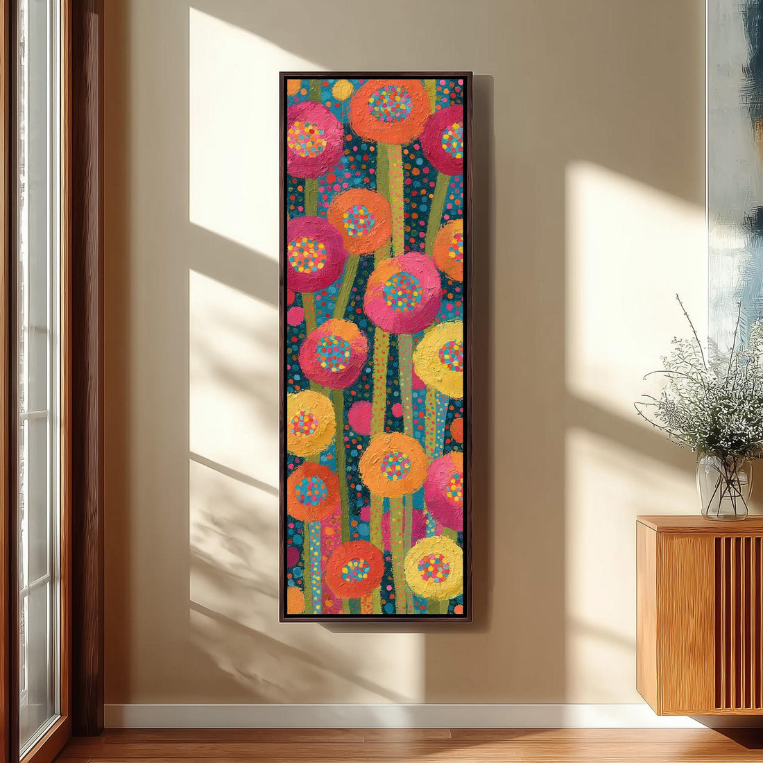 Folk art poppies made of dots long vertical canvas print in a sunlit living space