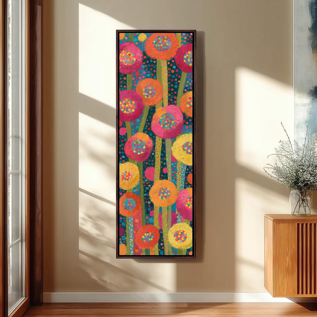Folk art poppies made of dots tall skinny canvas print in a sunlit living space