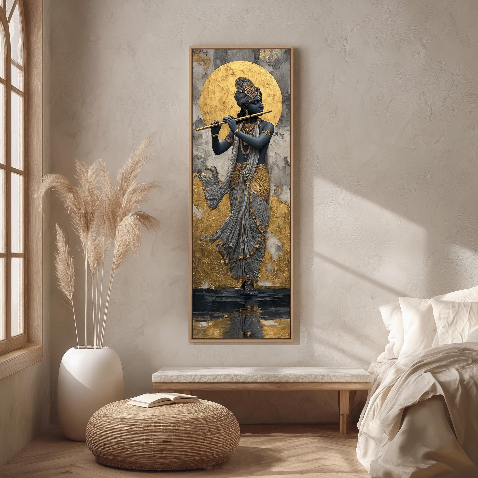 a large painting of a man playing a flute, hanging on a wall in a room with a bed, a potted plant, and a woven ottoman.