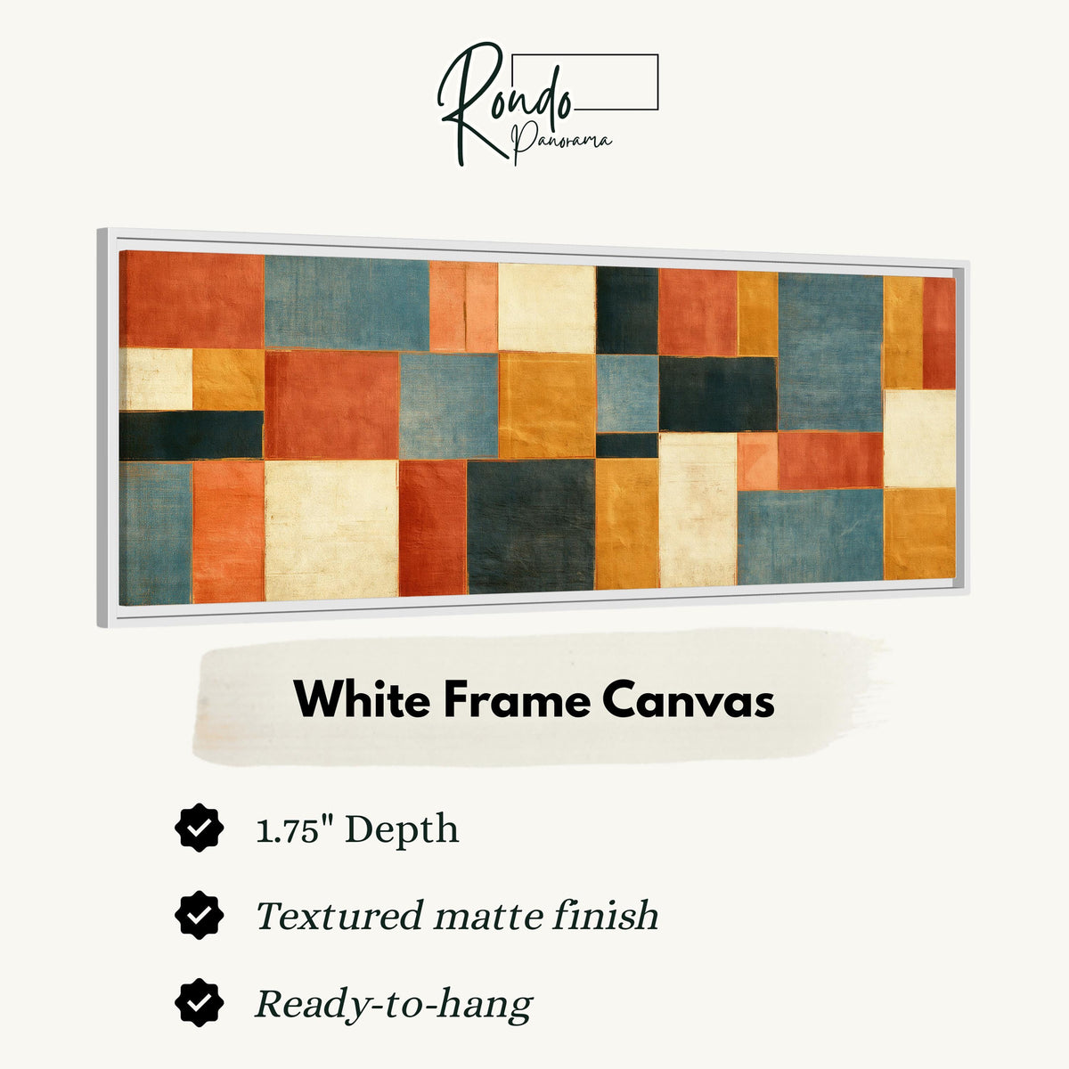 Rust, gold, navy and cream quilt blocks canvas print in a white floating frame