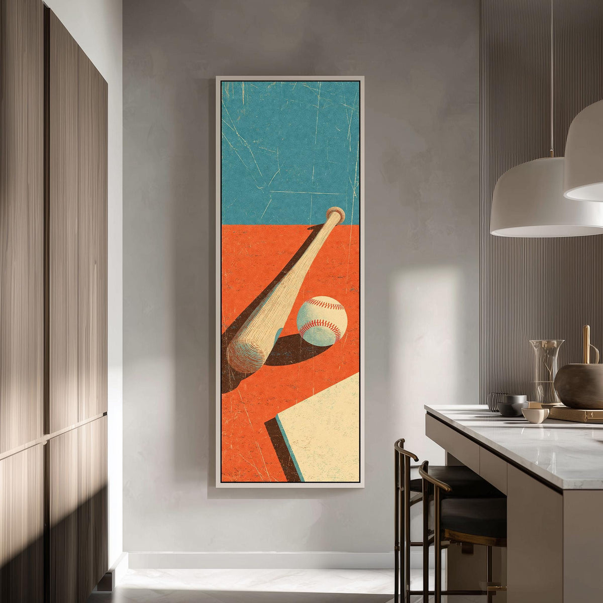 Retro baseball bat and ball tall skinny canvas print in a modern kitchen