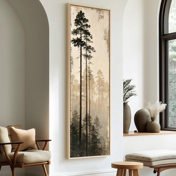 Tall pines in fog long vertical canvas print in a sunlit living space