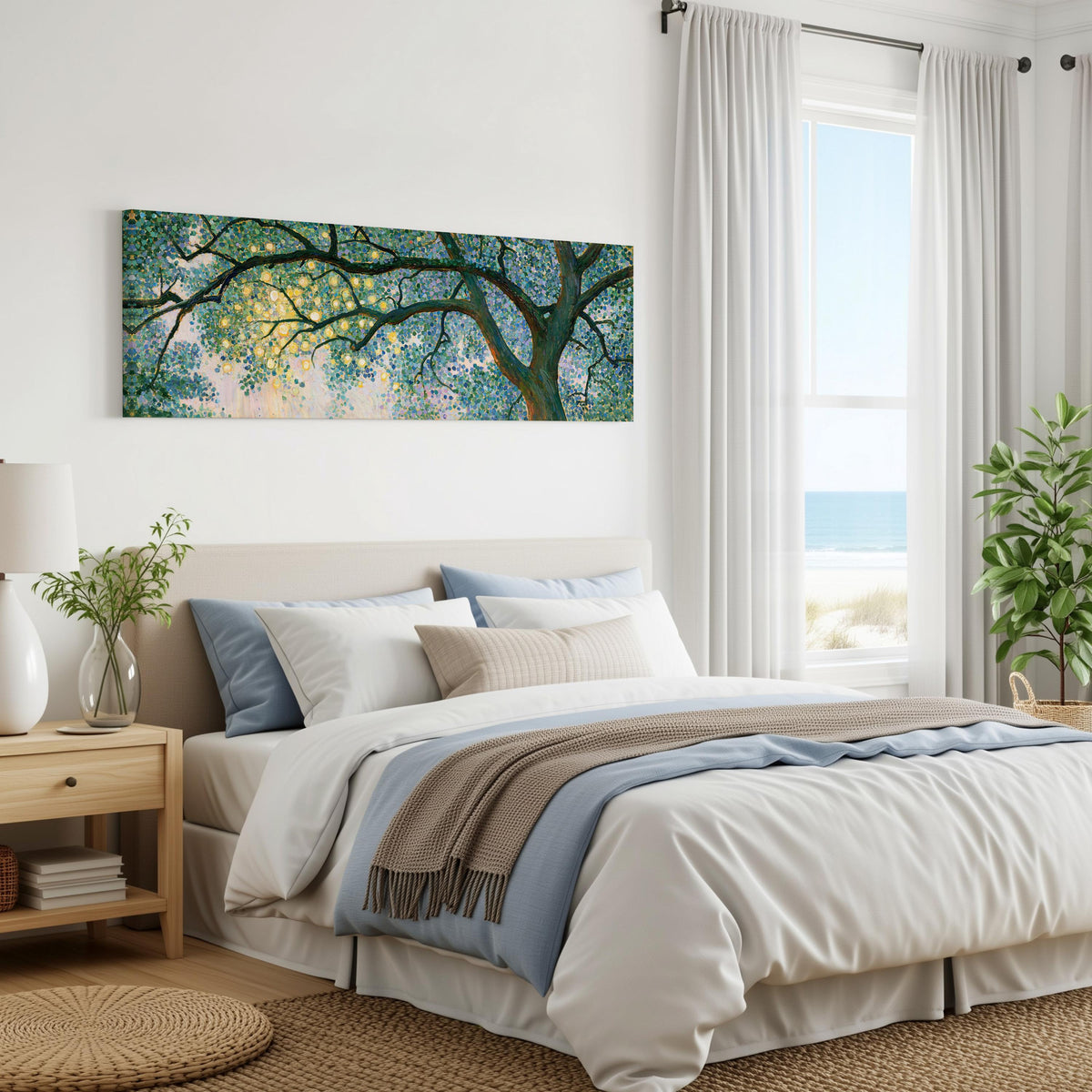 Tree canopy with golden light panoramic canvas print above a bed in a coastal bedroom