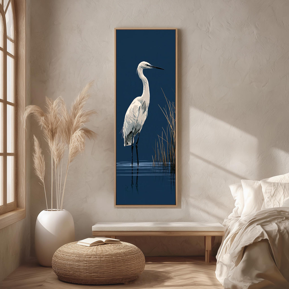 White egret wading on navy long vertical canvas print in a bright reading corner