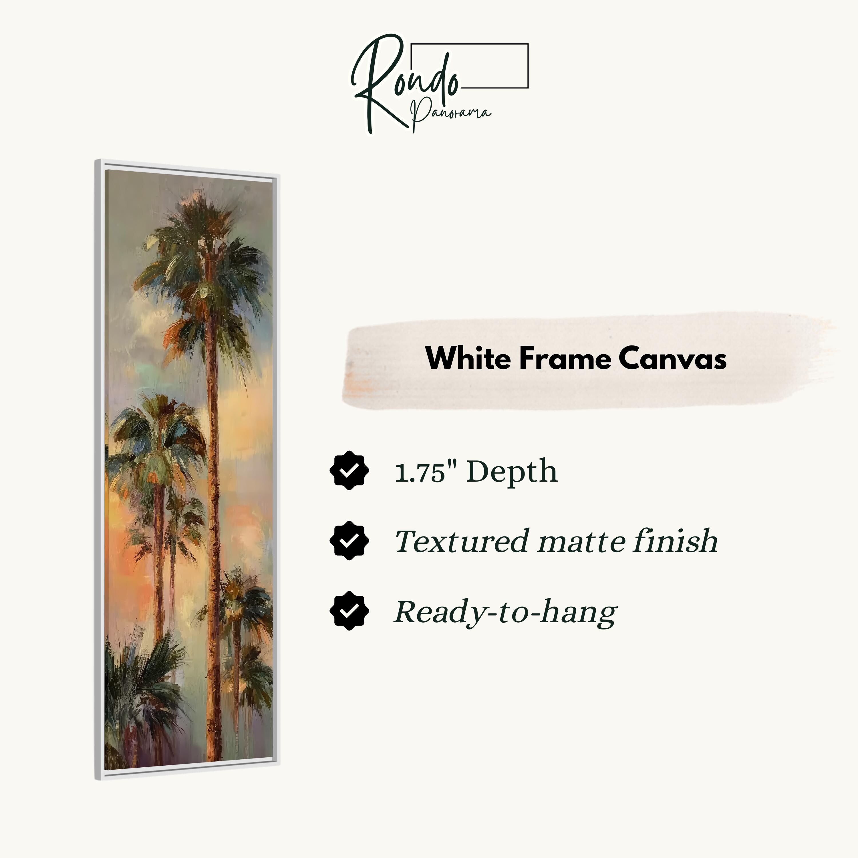 The image is a white frame canvas depicting a painting of palm trees.