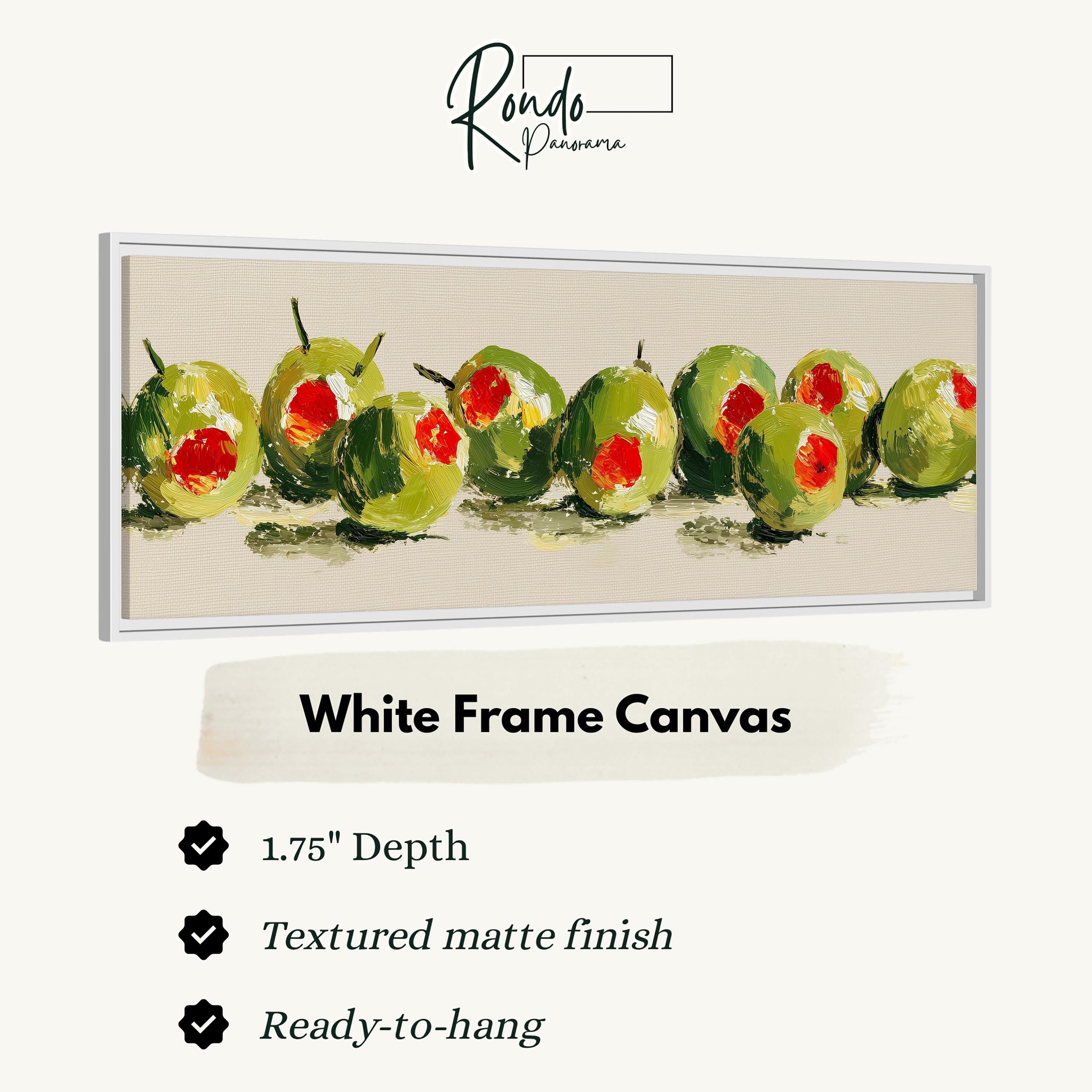 The image is a white frame canvas featuring a painting of green olives with red centers.