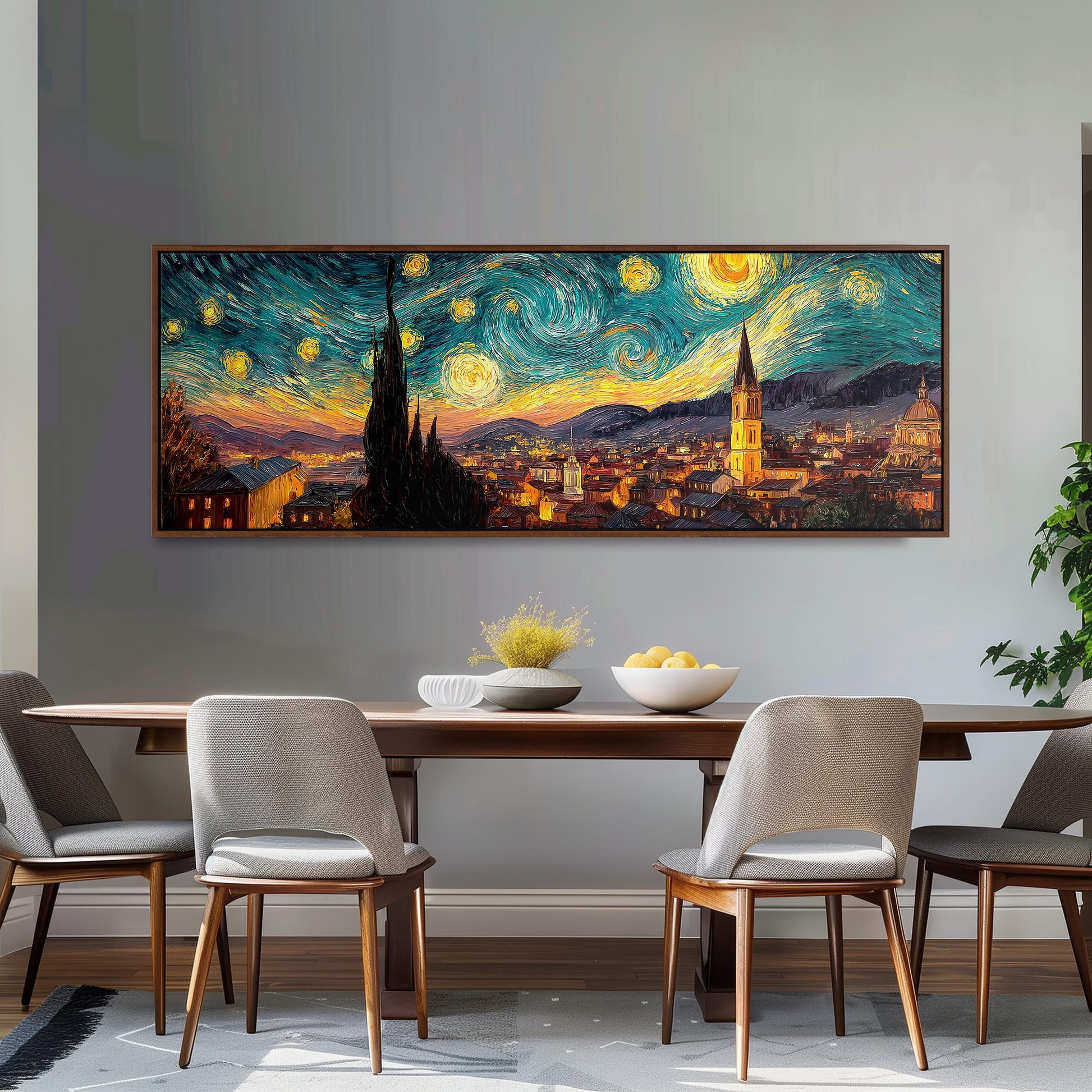 a large, colorful painting of a cityscape with a starry night sky above, hanging on a wall above a wooden dining table with four chairs.