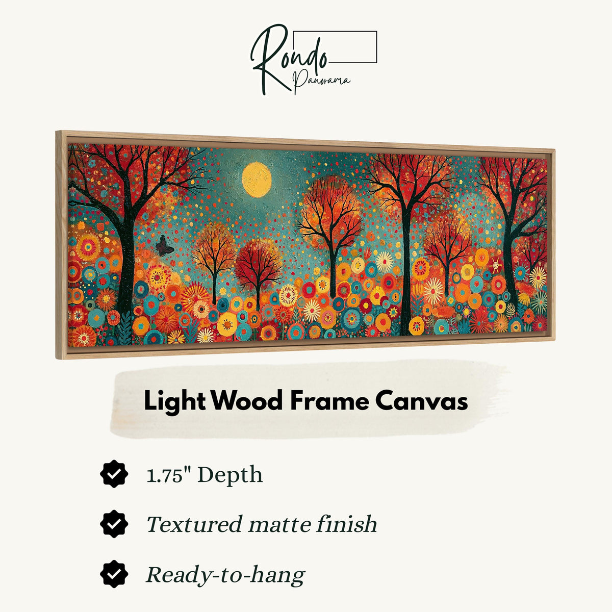 Folk art autumn forest with flowers canvas print in a light wood floating frame