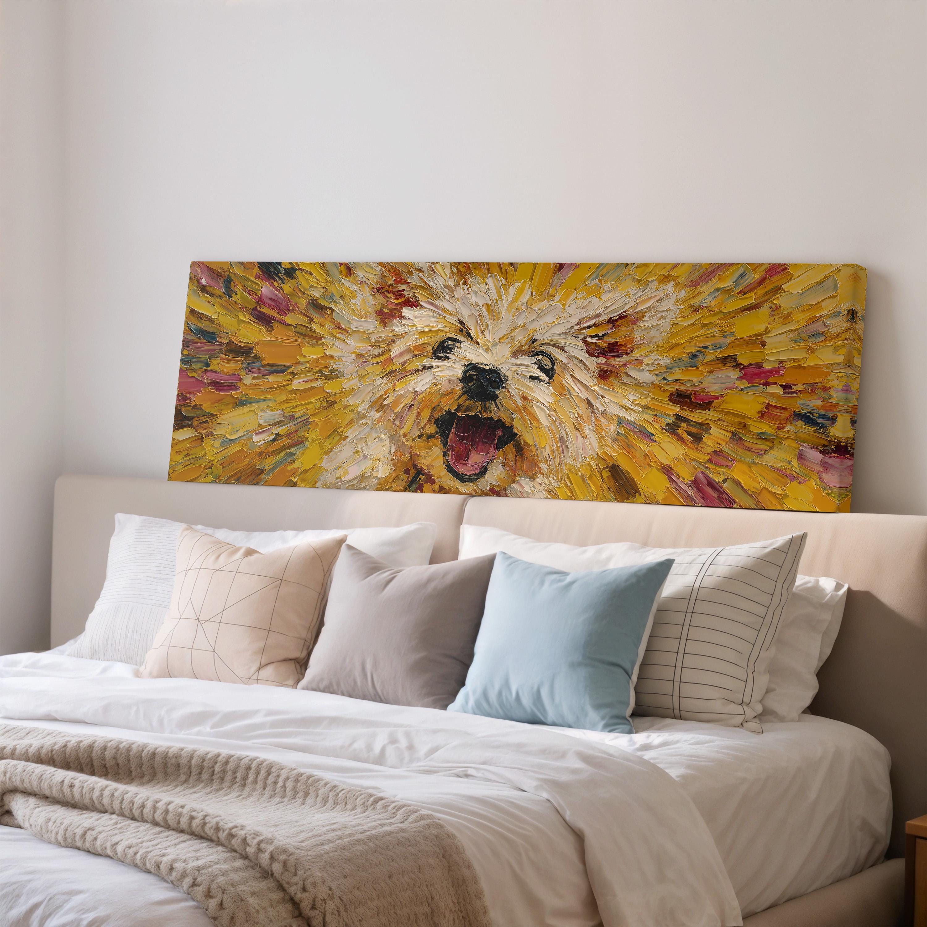a large, vibrant painting of a dog's face on a wall above a bed with white bedding and pillows.