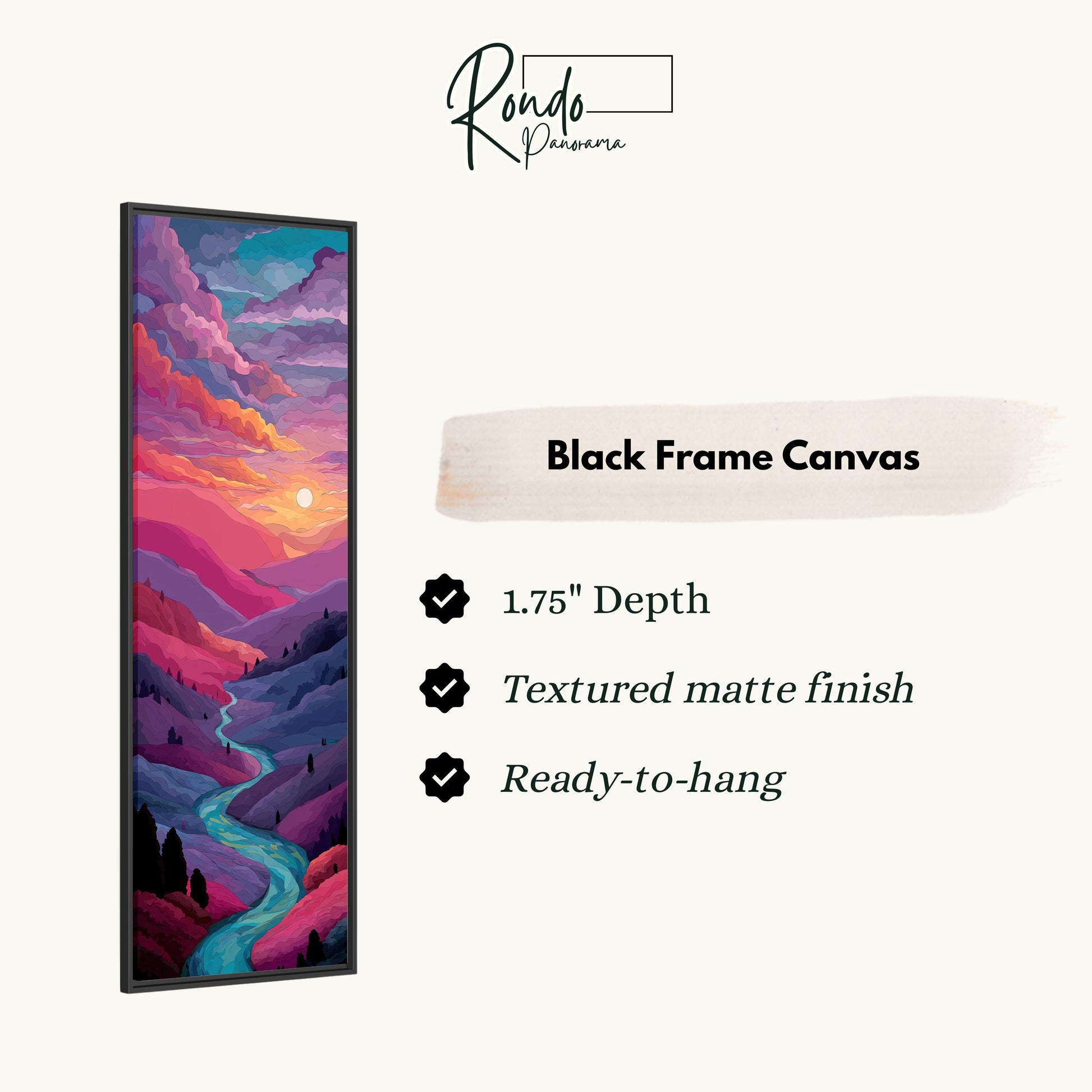 The image is a black frame canvas depicting a colorful landscape with a winding river and mountains.