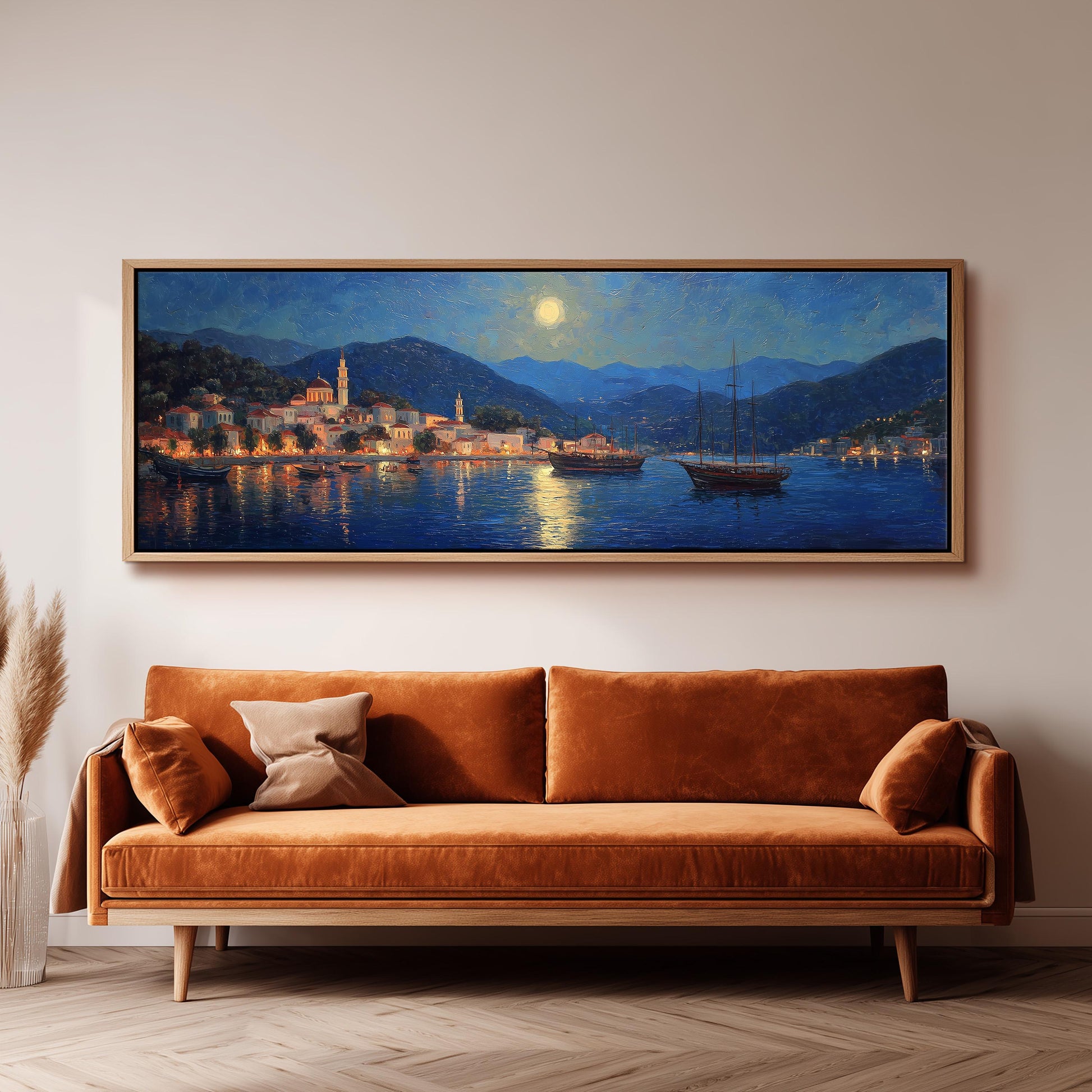 a large painting of a coastal town at night, with a boat sailing on the water and the moon reflecting on the surface.