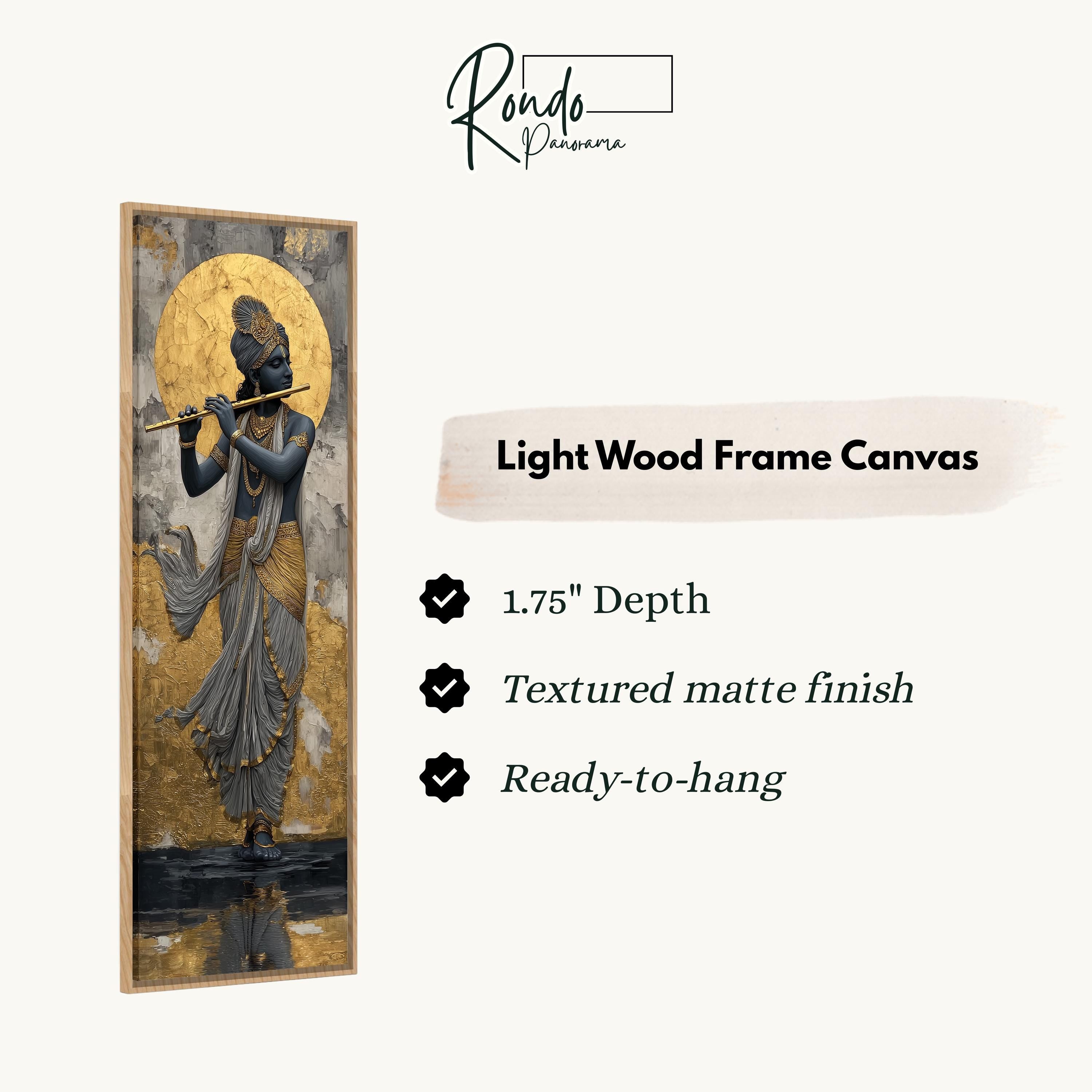 The image is a framed artwork depicting a figure playing a flute, with a light wood frame.