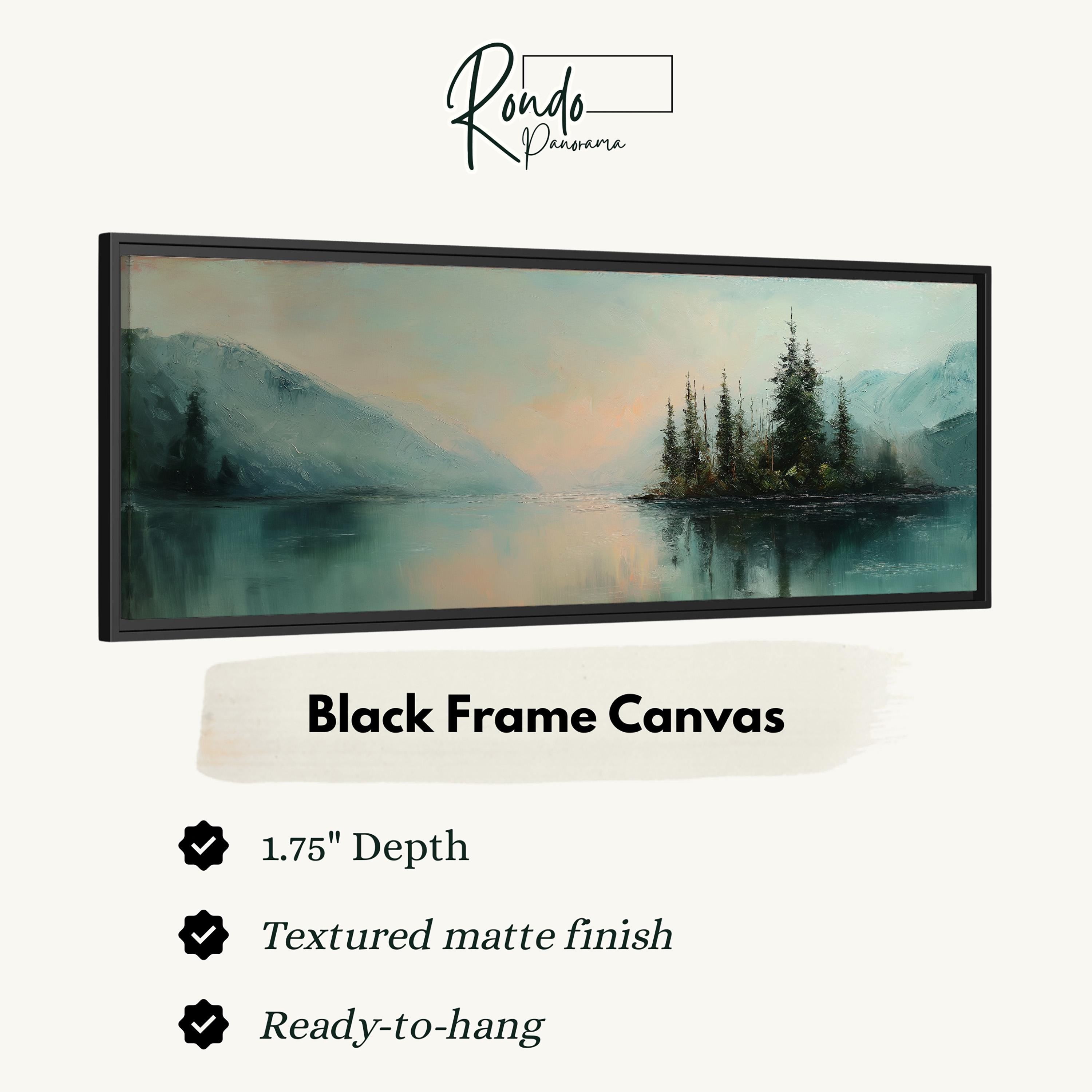 The image is a black frame canvas depicting a serene landscape with a lake, mountains, and trees.