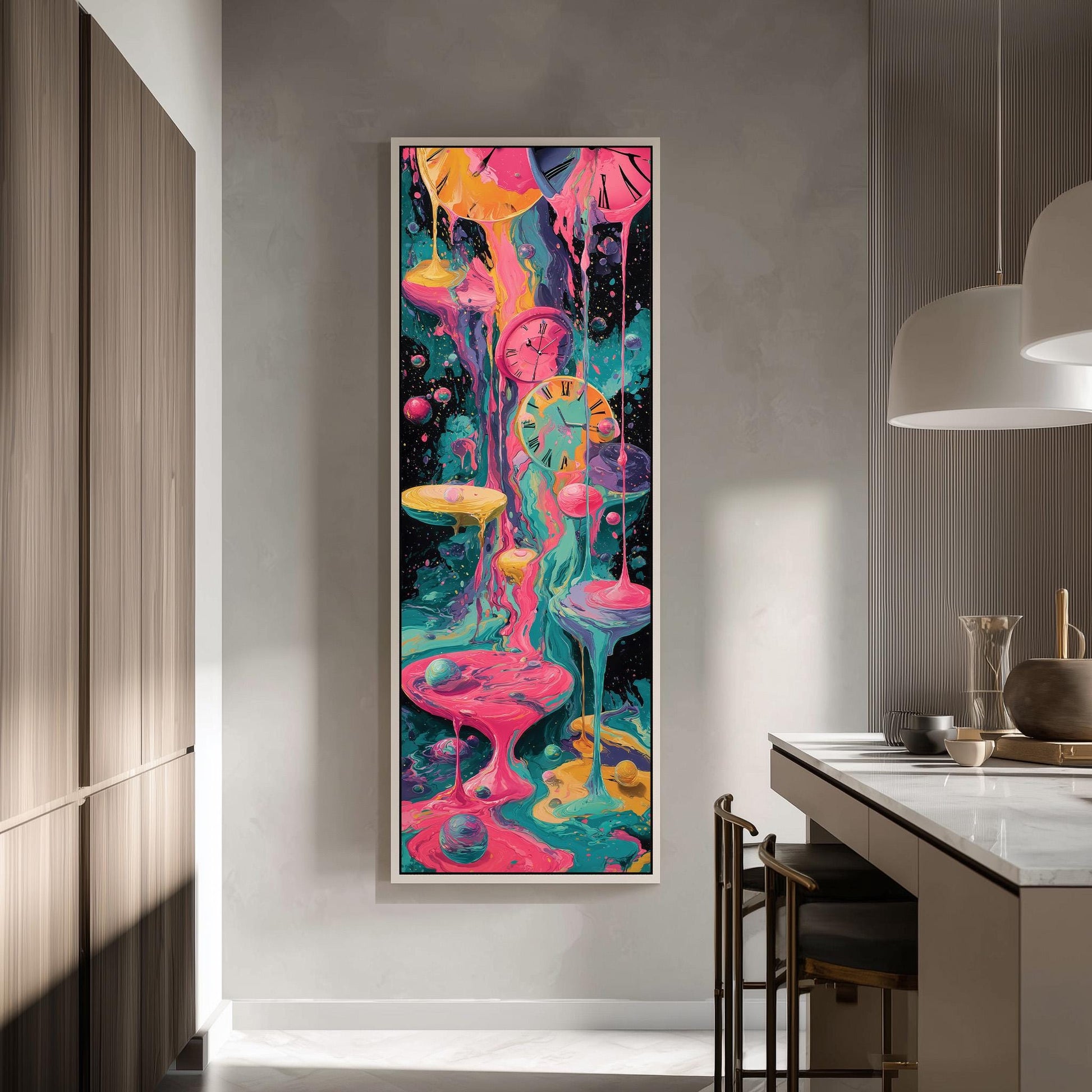 a vibrant, abstract painting hanging on a wall in a modern kitchen. The painting is a colorful display of various shapes and patterns, including clocks, mushrooms, and other organic forms, creating a visually striking and dynamic composition.