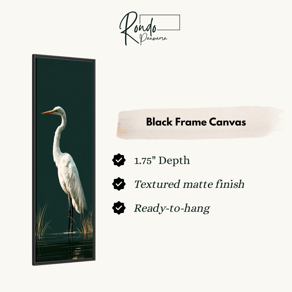 Great egret standing on dark green canvas print in a black floating frame