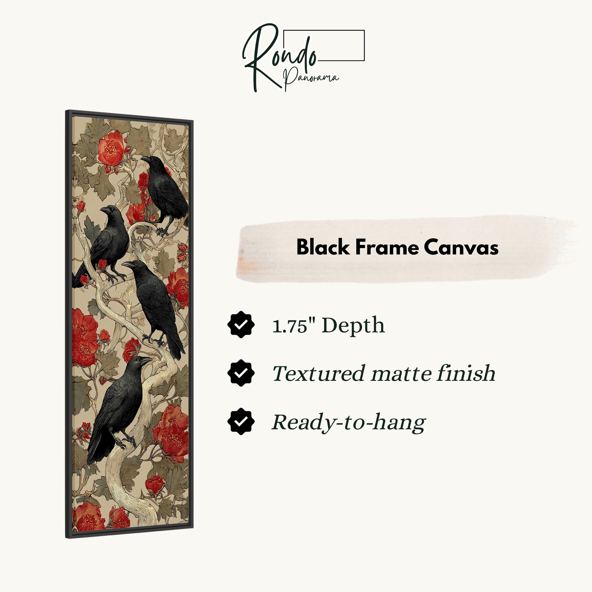 The image is a black frame canvas featuring a floral design with black birds perched on branches and red flowers.