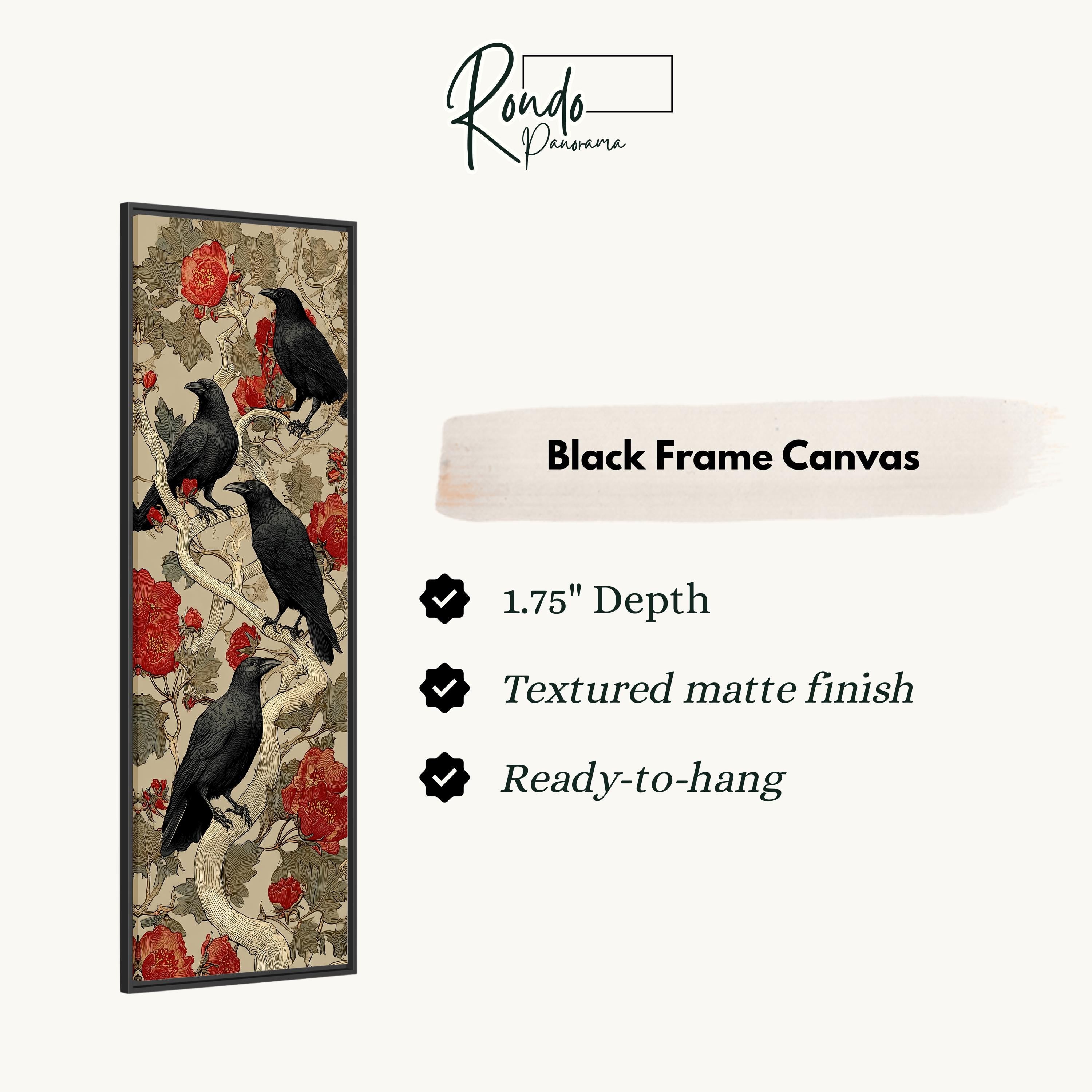 The image is a black frame canvas featuring a floral design with black birds perched on branches and red flowers.