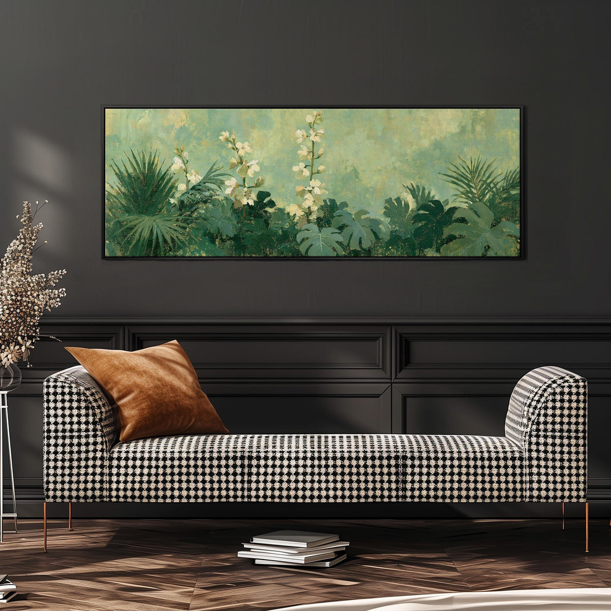 Tropical white blooms in green foliage wide panoramic canvas print above a bench in a dark living room