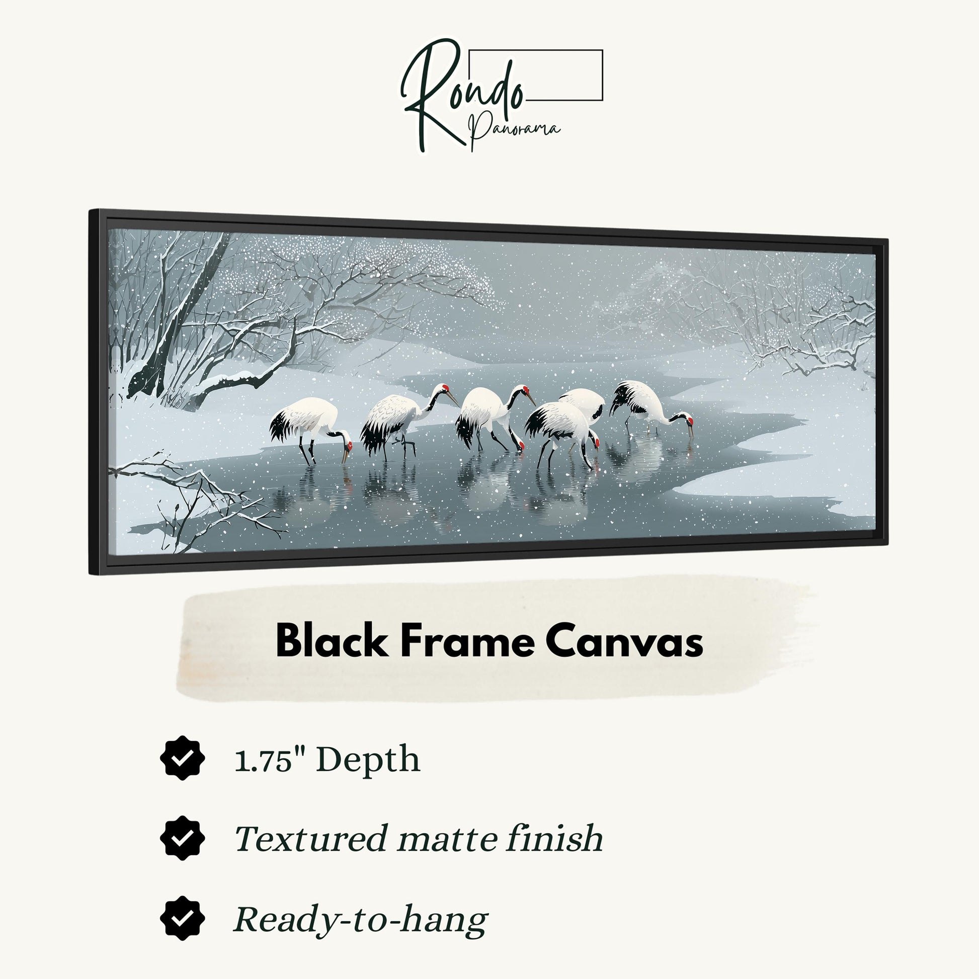 A black frame canvas depicting a snowy landscape with a group of white birds wading in the water.