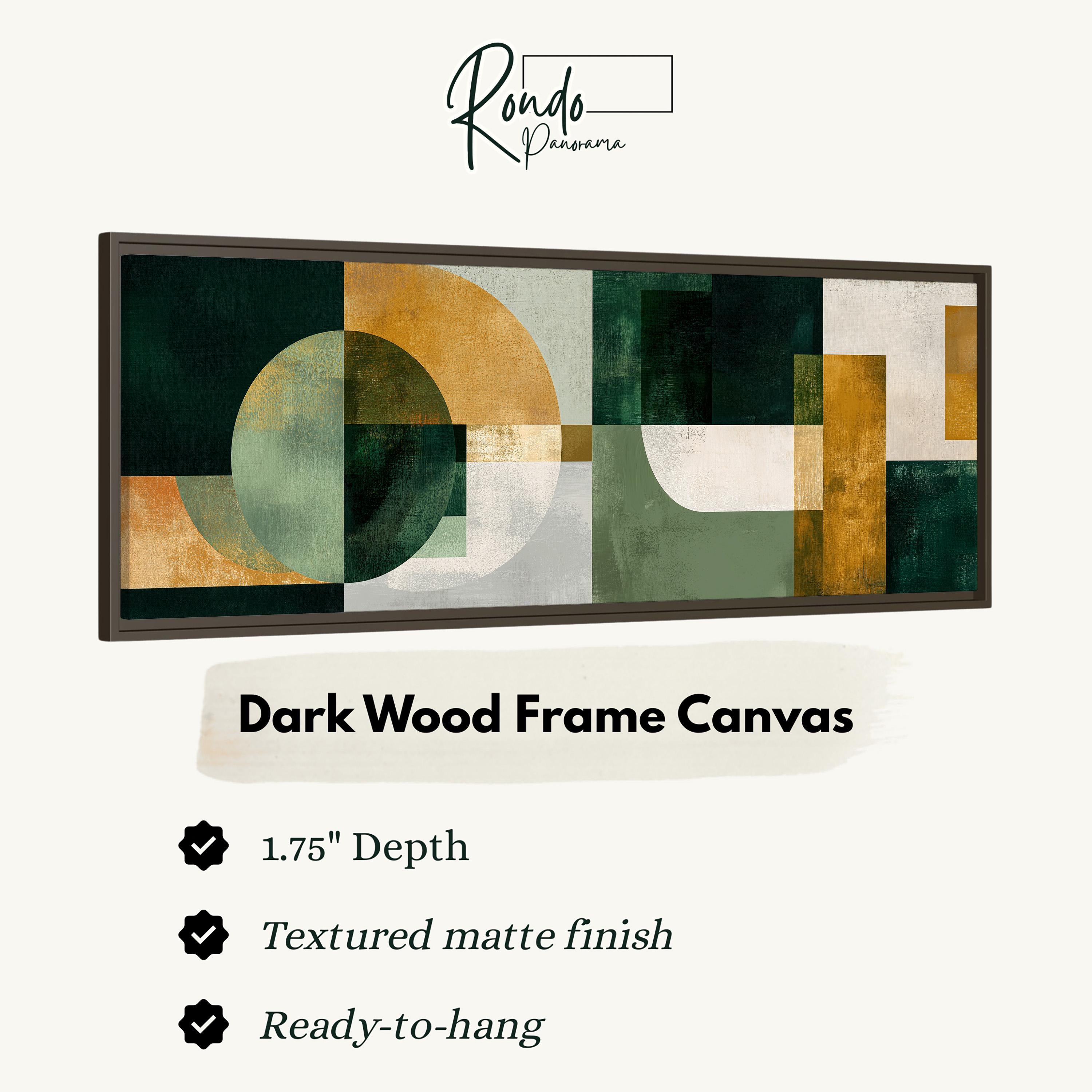 The image is a product advertisement for a dark wood frame canvas. It features a large abstract painting with a mix of green, orange, and brown colors. The advertisement provides details about the product, including its dimensions, the type of finish, and its readiness to hang.