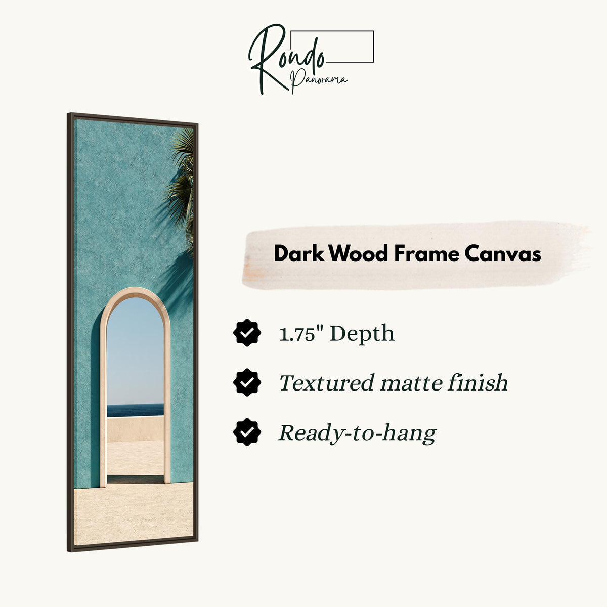 Arched doorway in a teal wall opening to the sea canvas print in a dark wood floating frame