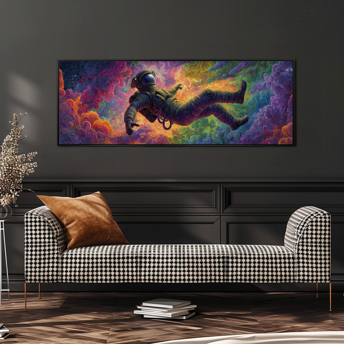 a large, colorful painting of an astronaut floating in space, hanging on a wall above a black and white checkered sofa.